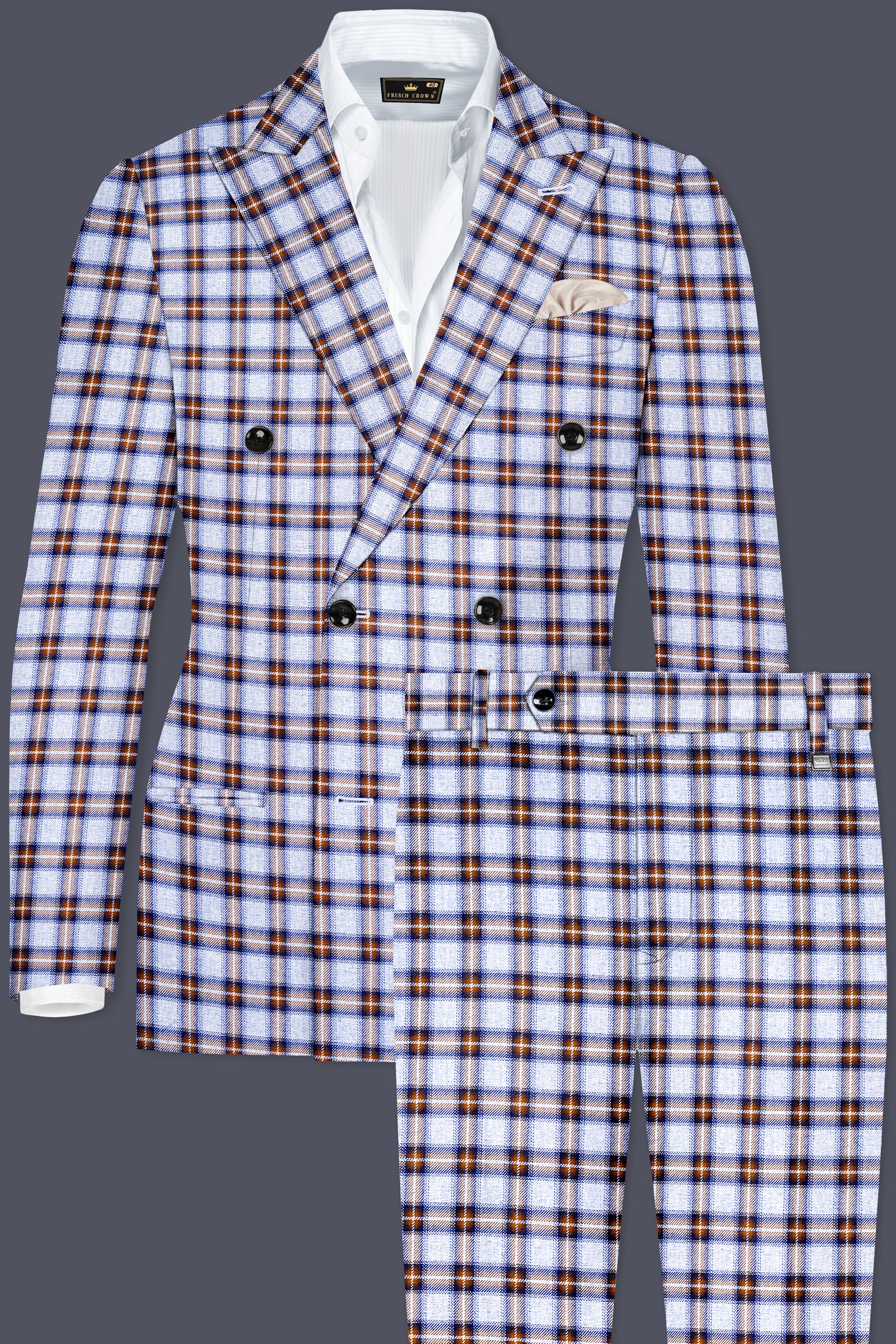 Castaire-Chateau Blue with Cocoa Brown Plaid Wool Rich Double Breasted Suit