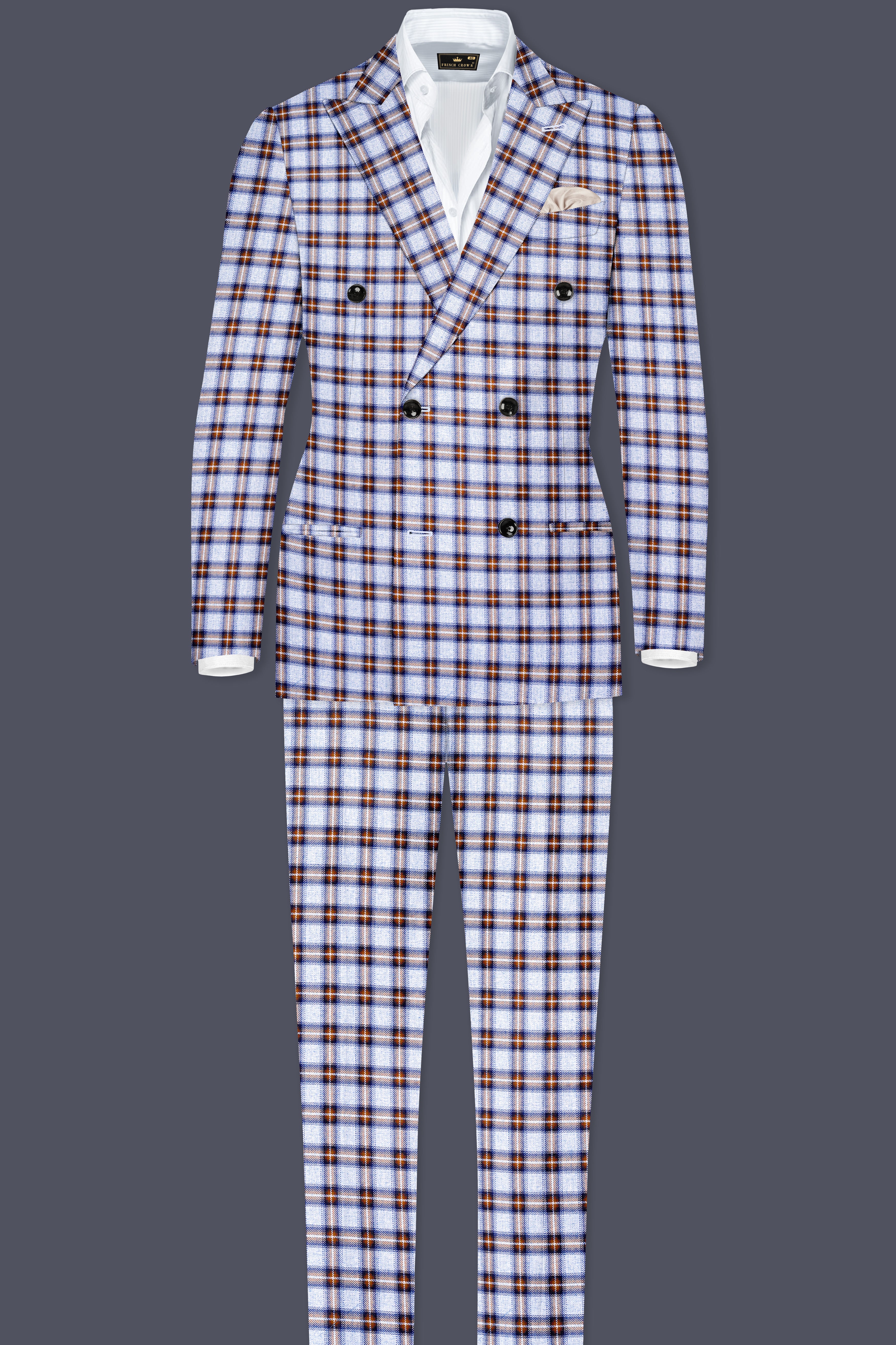 Castaire-Chateau Blue with Cocoa Brown Plaid Wool Rich Double Breasted Suit
