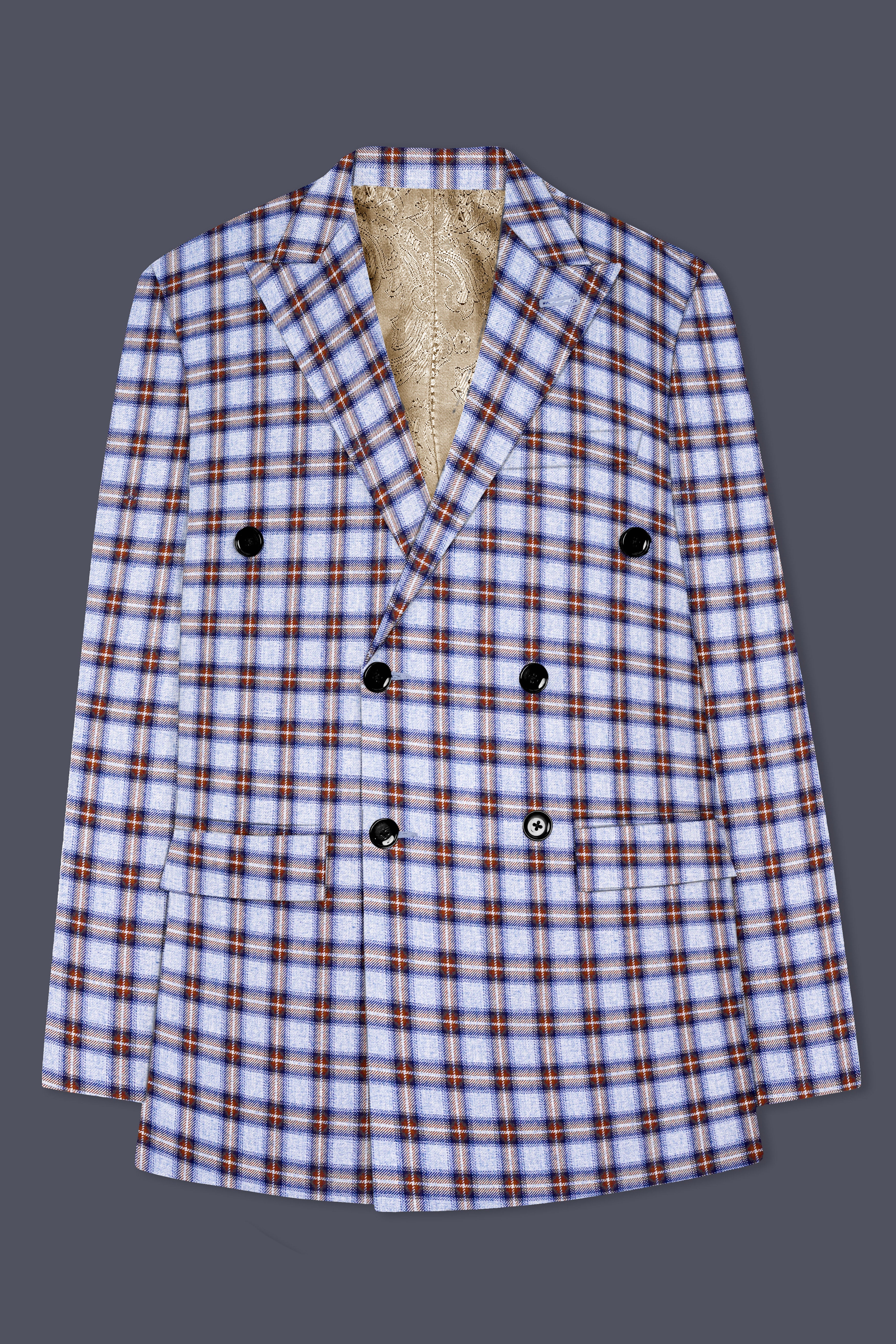 Castaire-Chateau Blue with Cocoa Brown Plaid Wool Rich Double Breasted Suit
