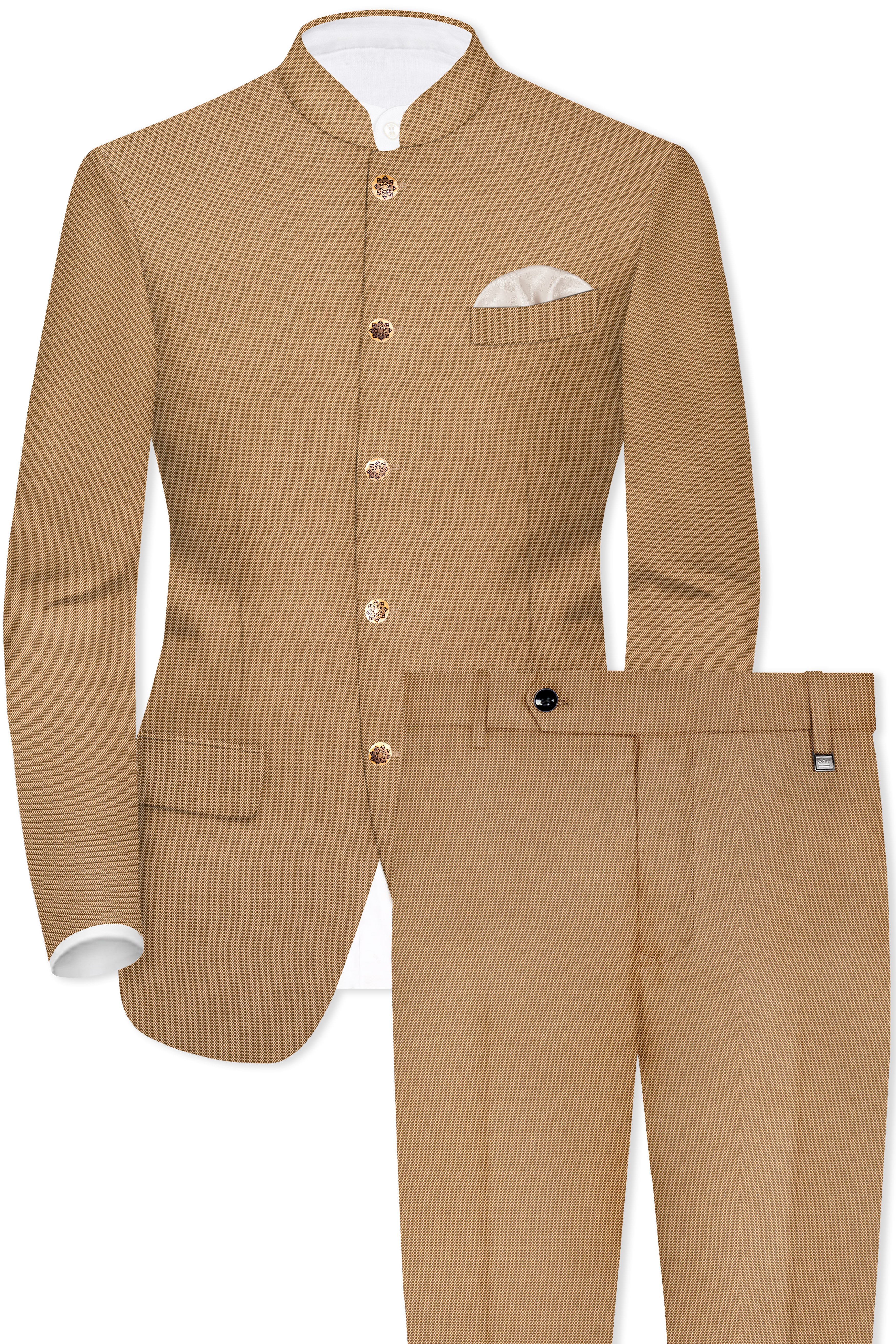 Aurenzo-Muesli Brown Textured Wool Rich Bandhgala Suit