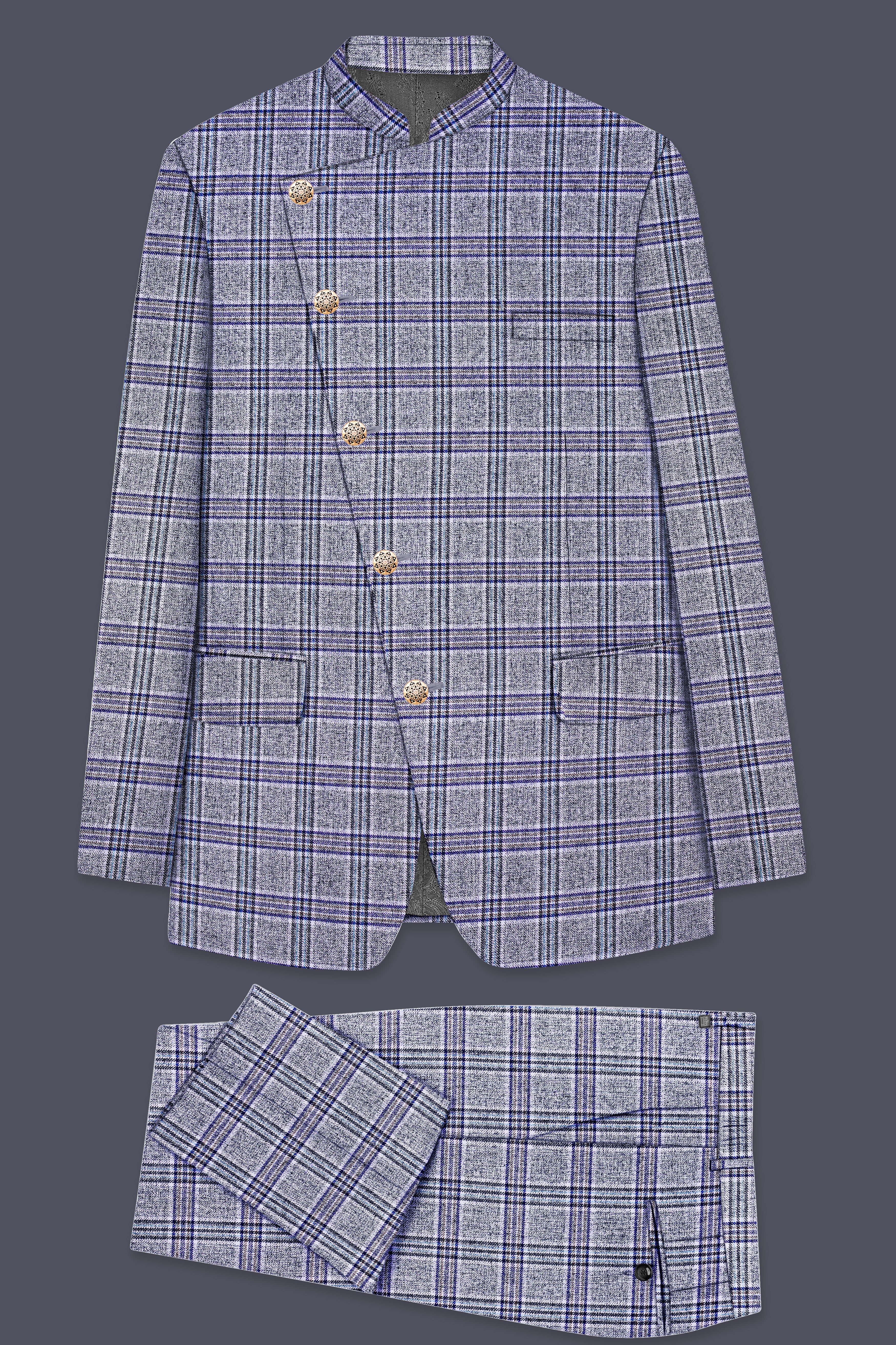 Pladiel-StarDust Gray with Martinique Blue Plaid Wool Rich Cross Placket Bandhgala Suit