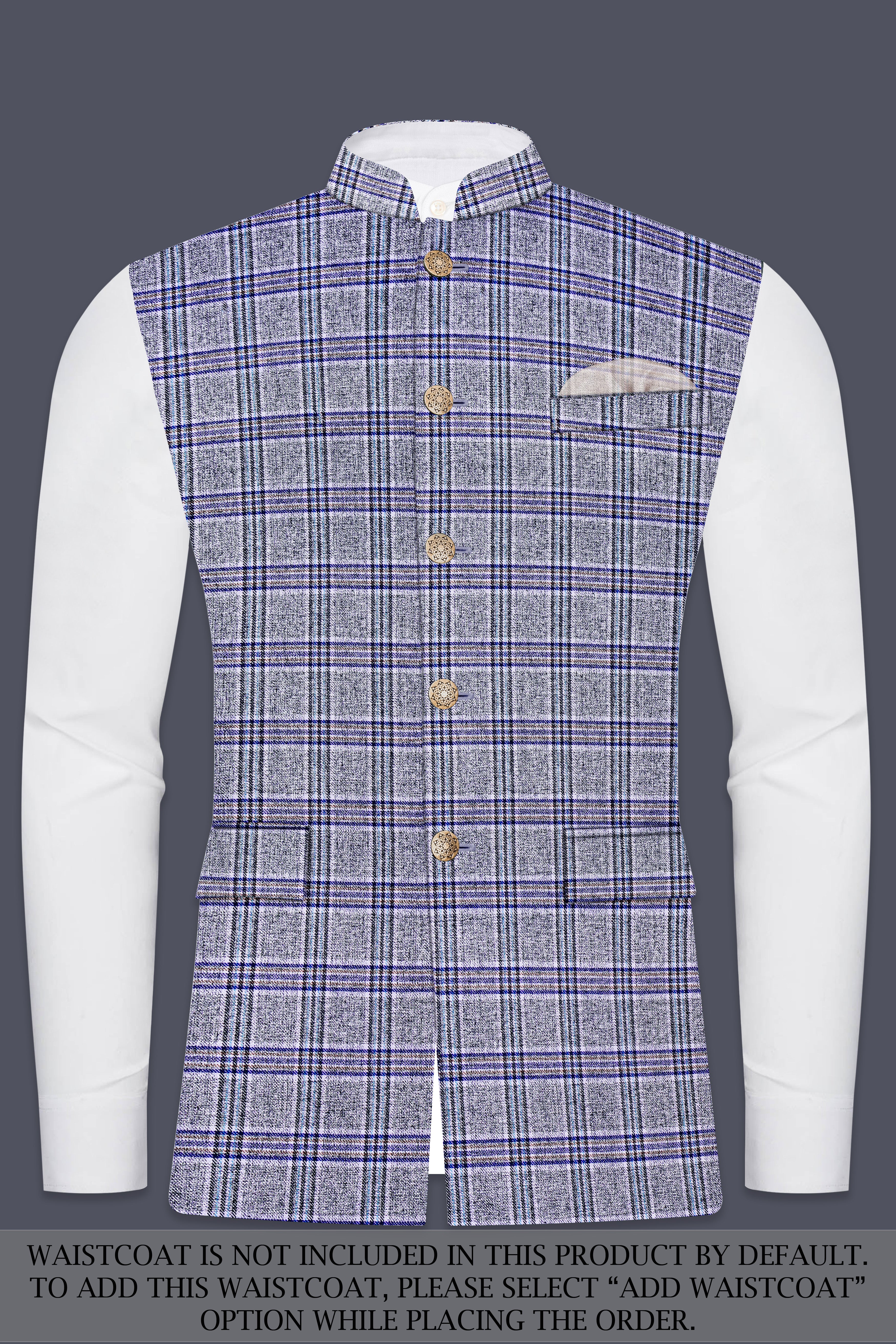 Pladiel-StarDust Gray with Martinique Blue Plaid Wool Rich Cross Placket Bandhgala Suit