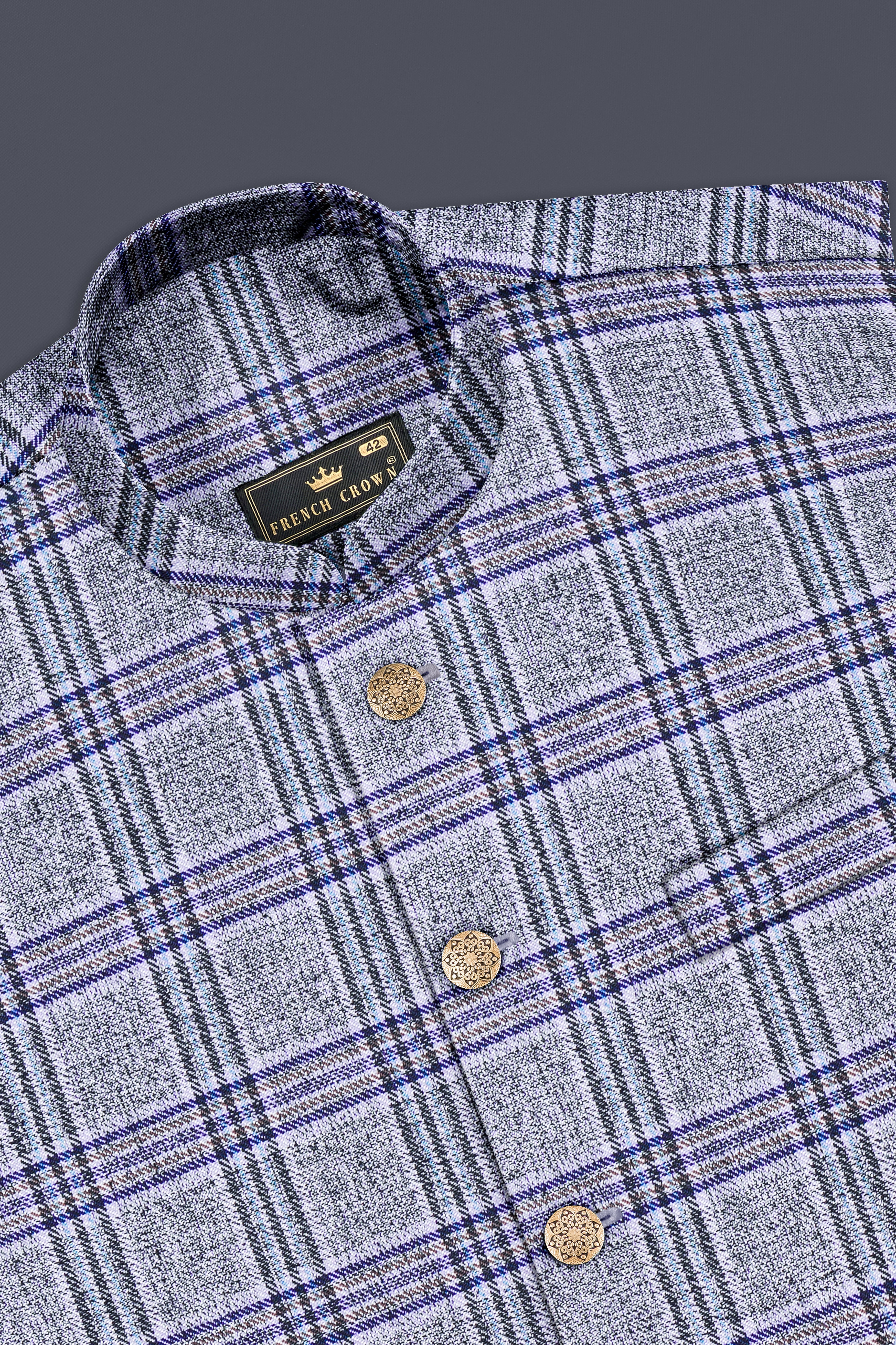 Pladiel-StarDust Gray with Martinique Blue Plaid Wool Rich Cross Placket Bandhgala Suit