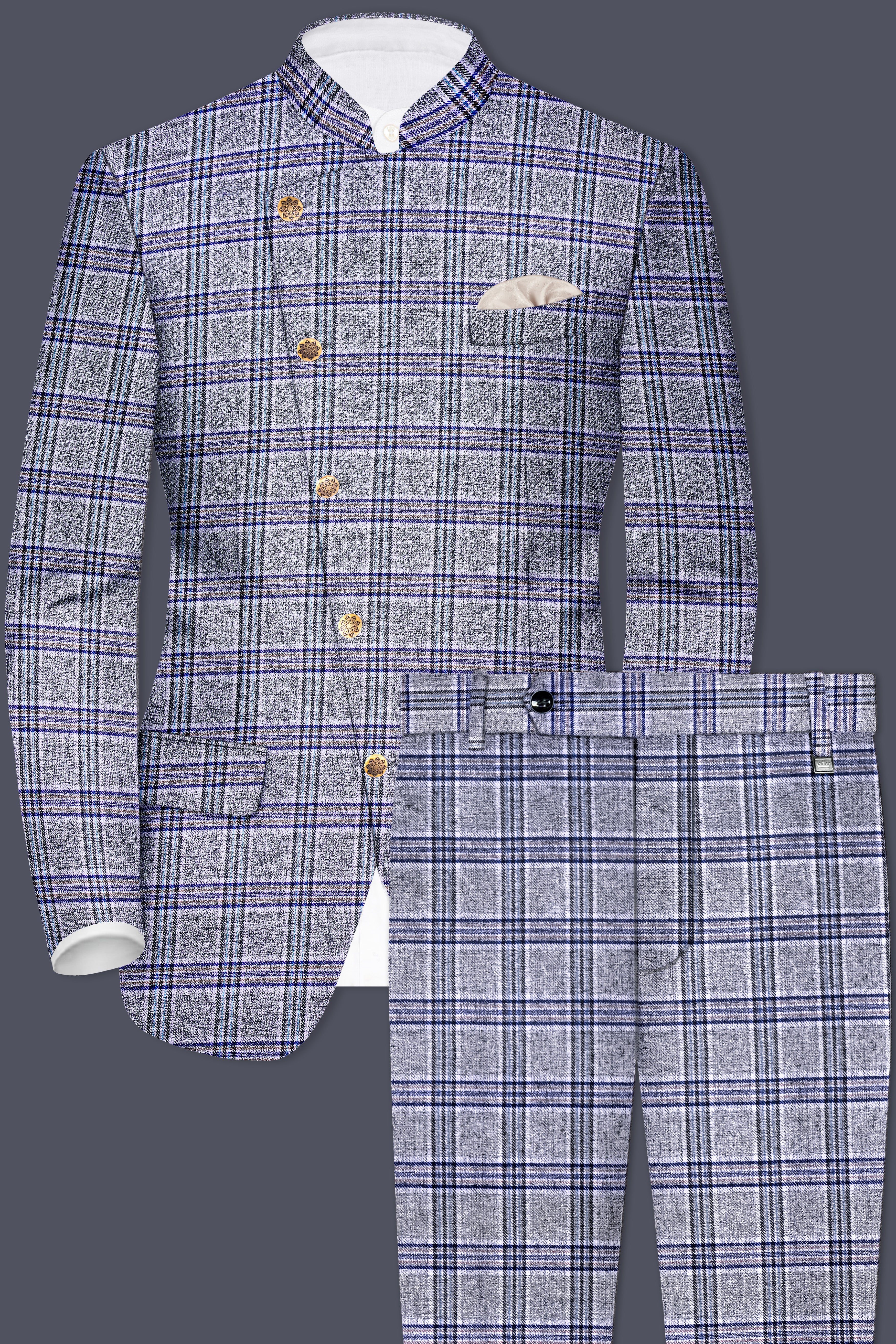 Pladiel-StarDust Gray with Martinique Blue Plaid Wool Rich Cross Placket Bandhgala Suit