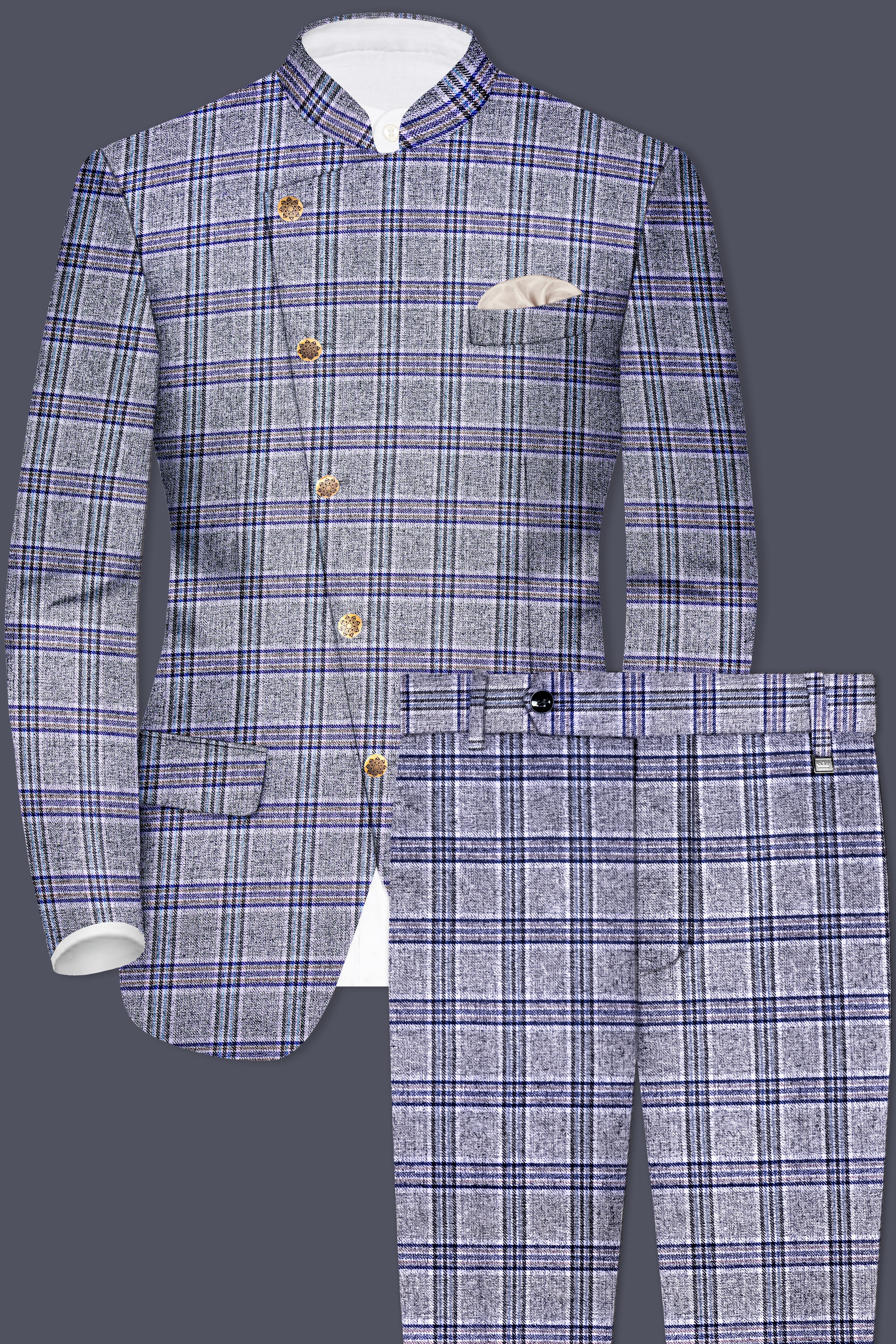 Pladiel-StarDust Gray with Martinique Blue Plaid Wool Rich Cross Placket Bandhgala Suit