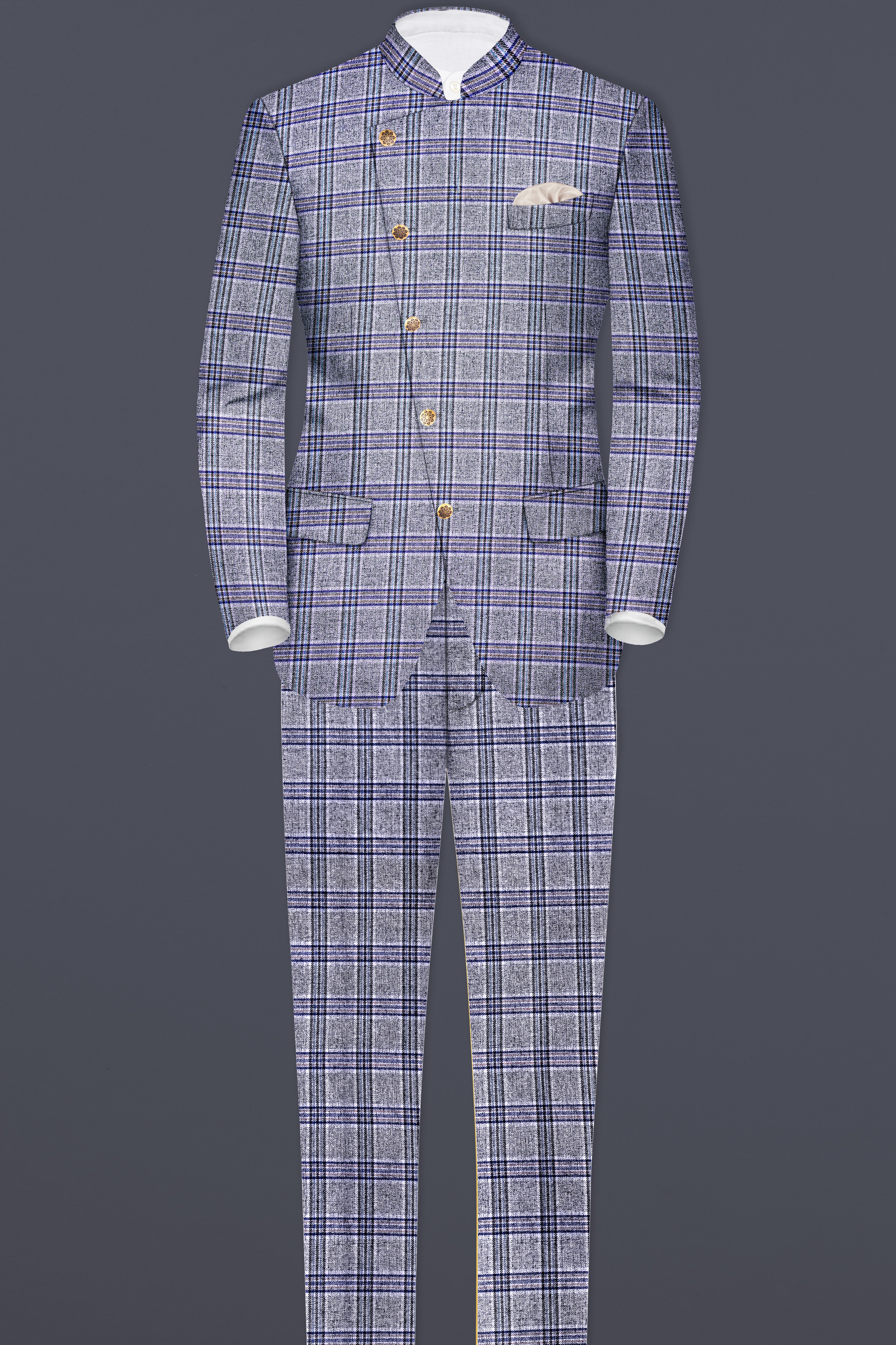 Pladiel-StarDust Gray with Martinique Blue Plaid Wool Rich Cross Placket Bandhgala Suit