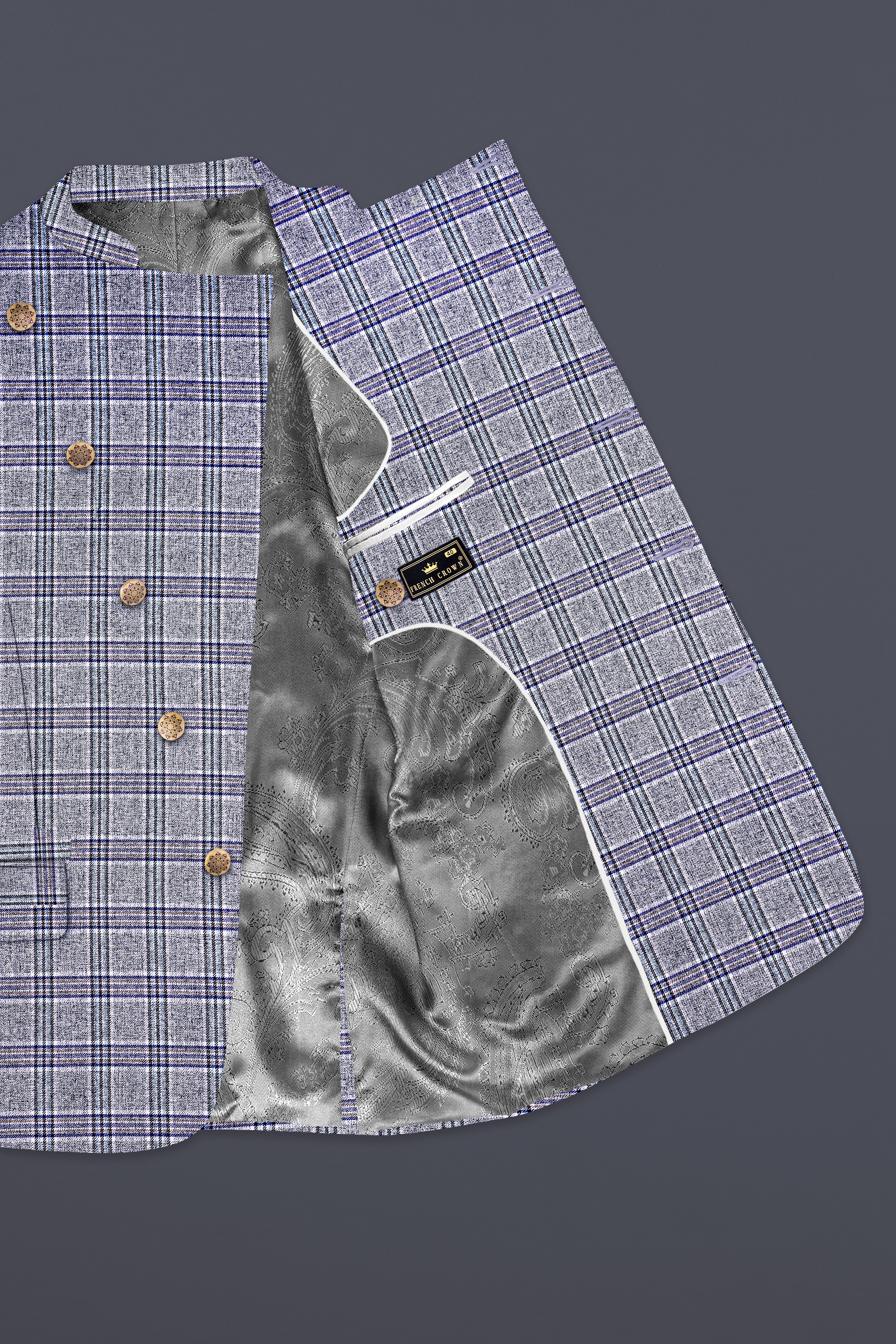Pladiel-StarDust Gray with Martinique Blue Plaid Wool Rich Cross Placket Bandhgala Suit