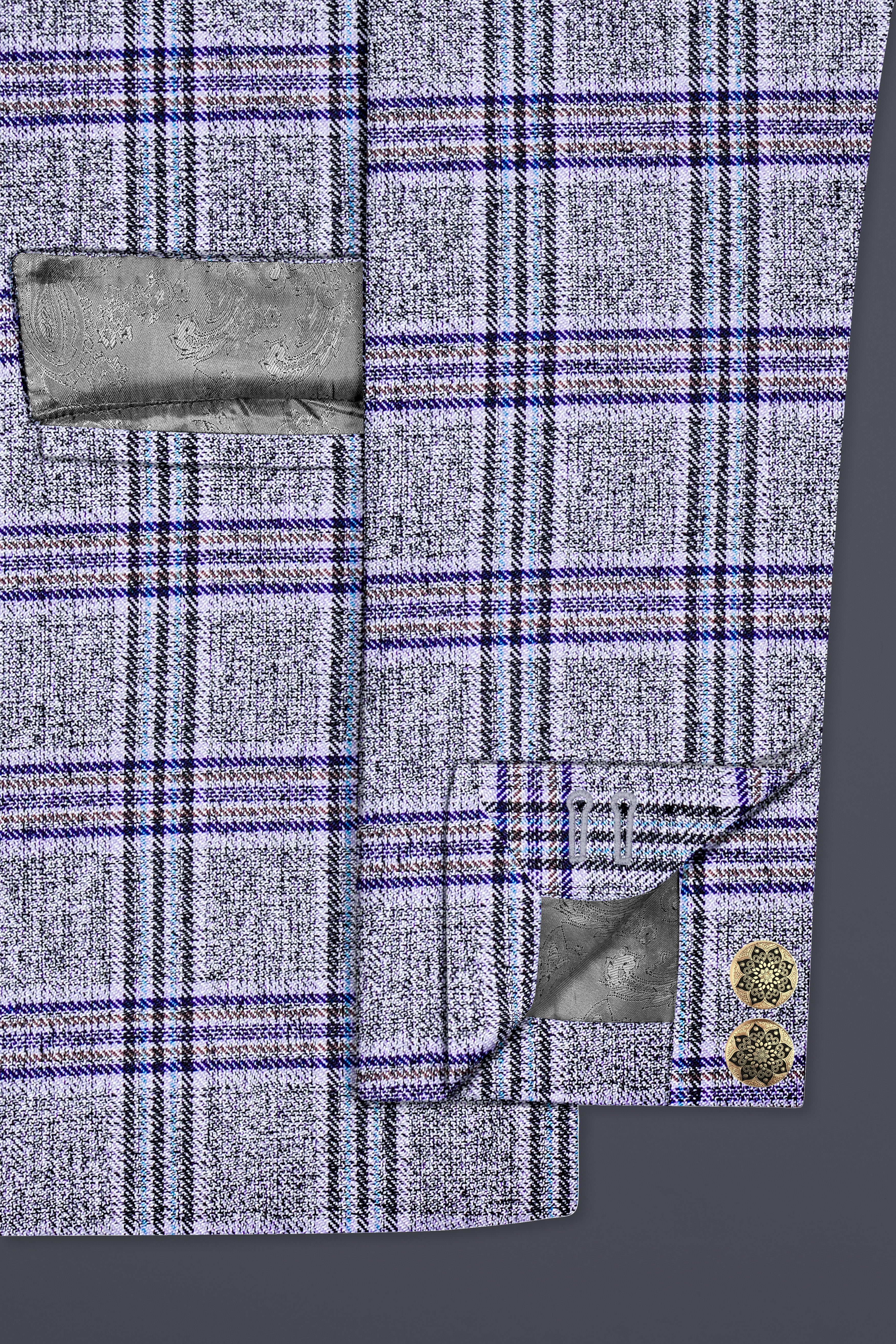 Pladiel-StarDust Gray with Martinique Blue Plaid Wool Rich Cross Placket Bandhgala Suit