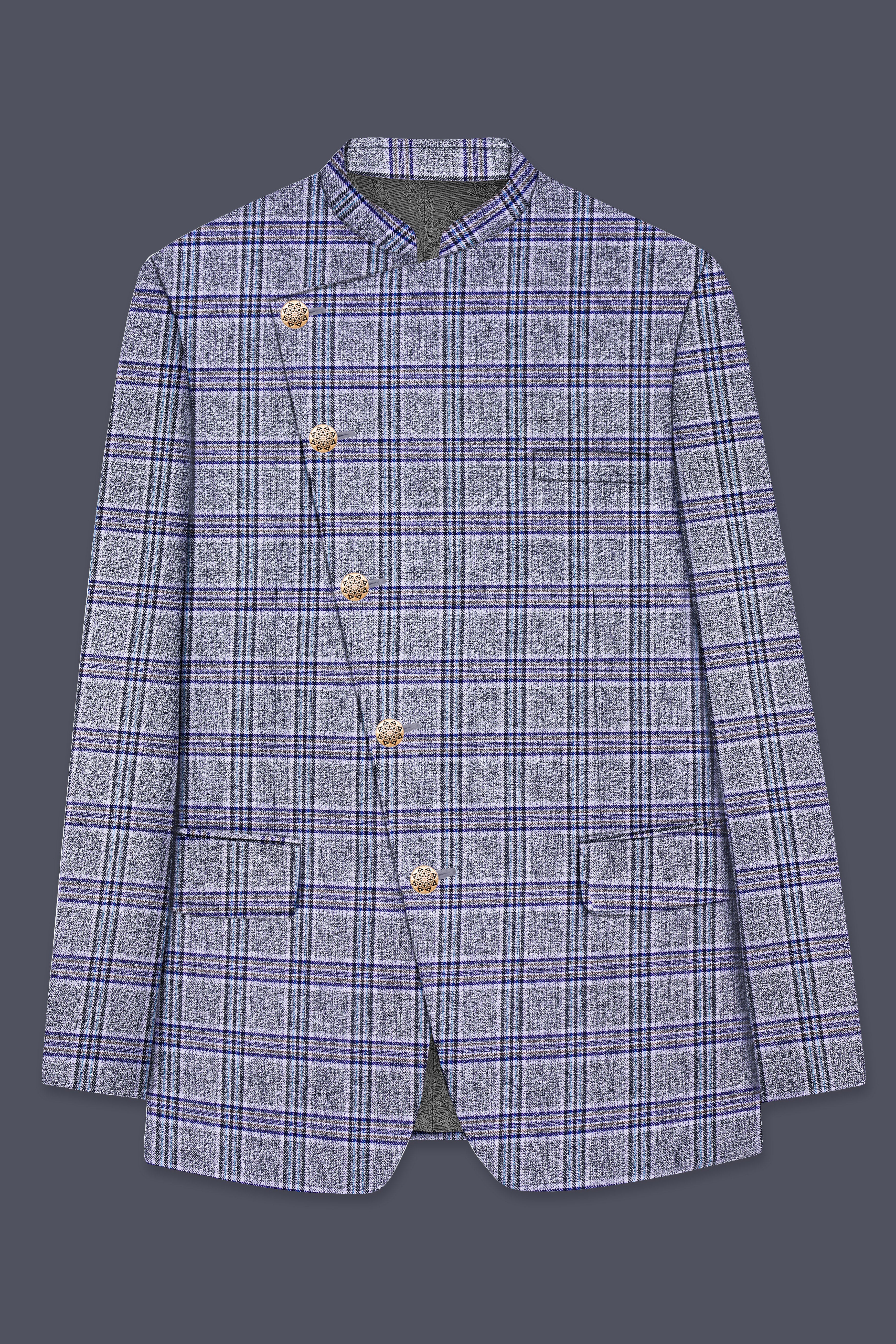 Pladiel-StarDust Gray with Martinique Blue Plaid Wool Rich Cross Placket Bandhgala Suit