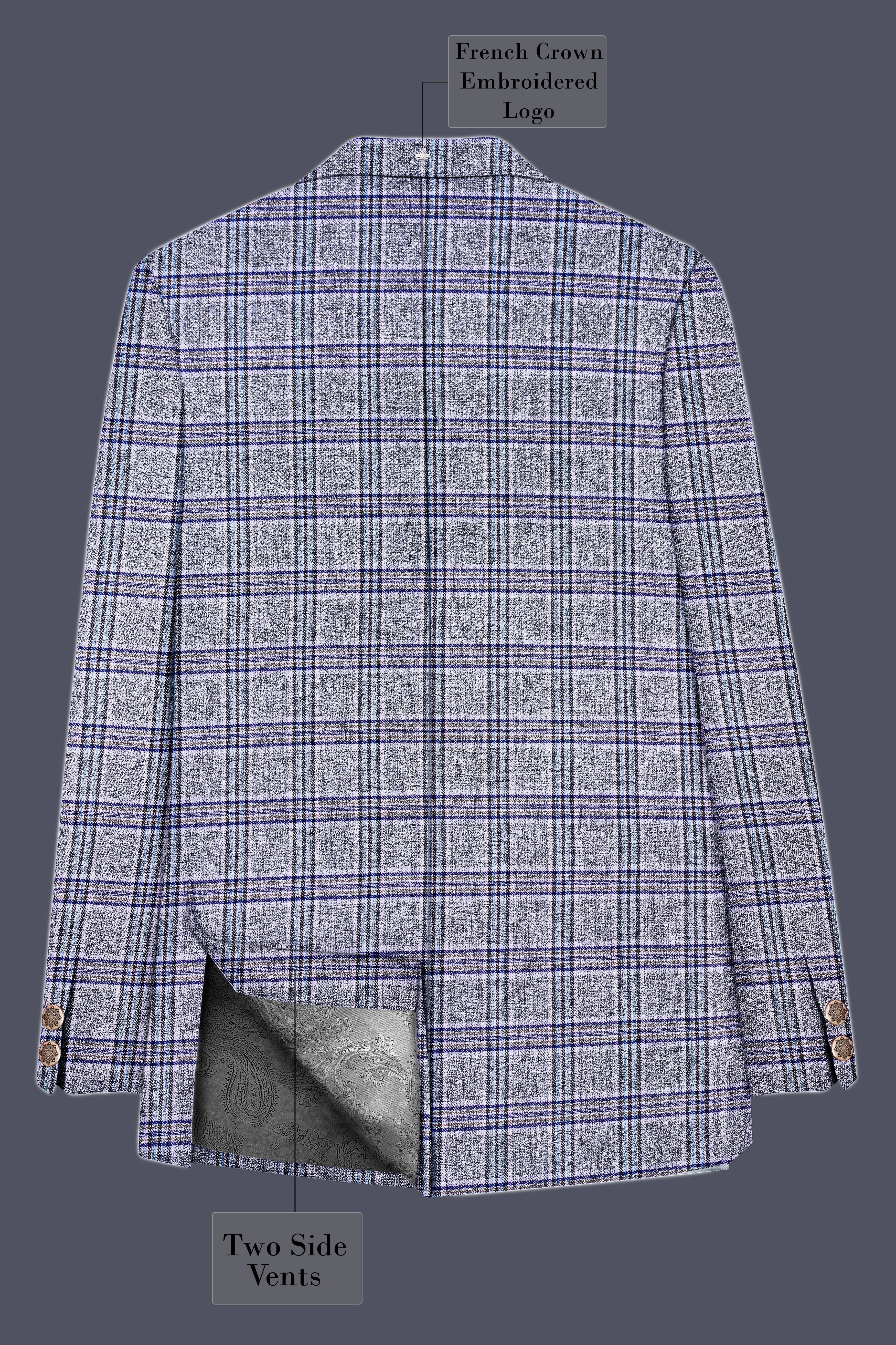 Pladiel-StarDust Gray with Martinique Blue Plaid Wool Rich Cross Placket Bandhgala Suit