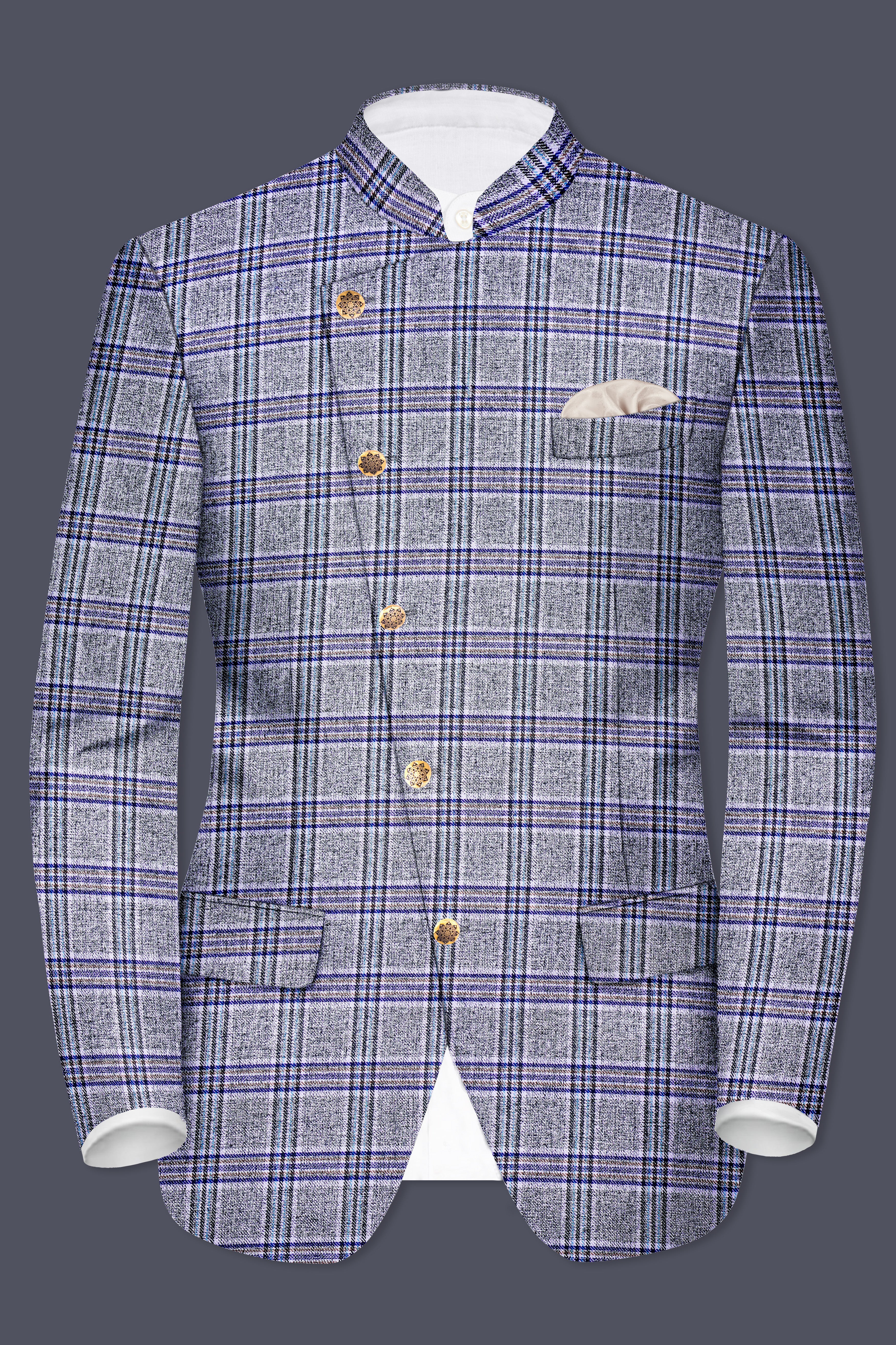 Pladiel-StarDust Gray with Martinique Blue Plaid Wool Rich Cross Placket Bandhgala Suit
