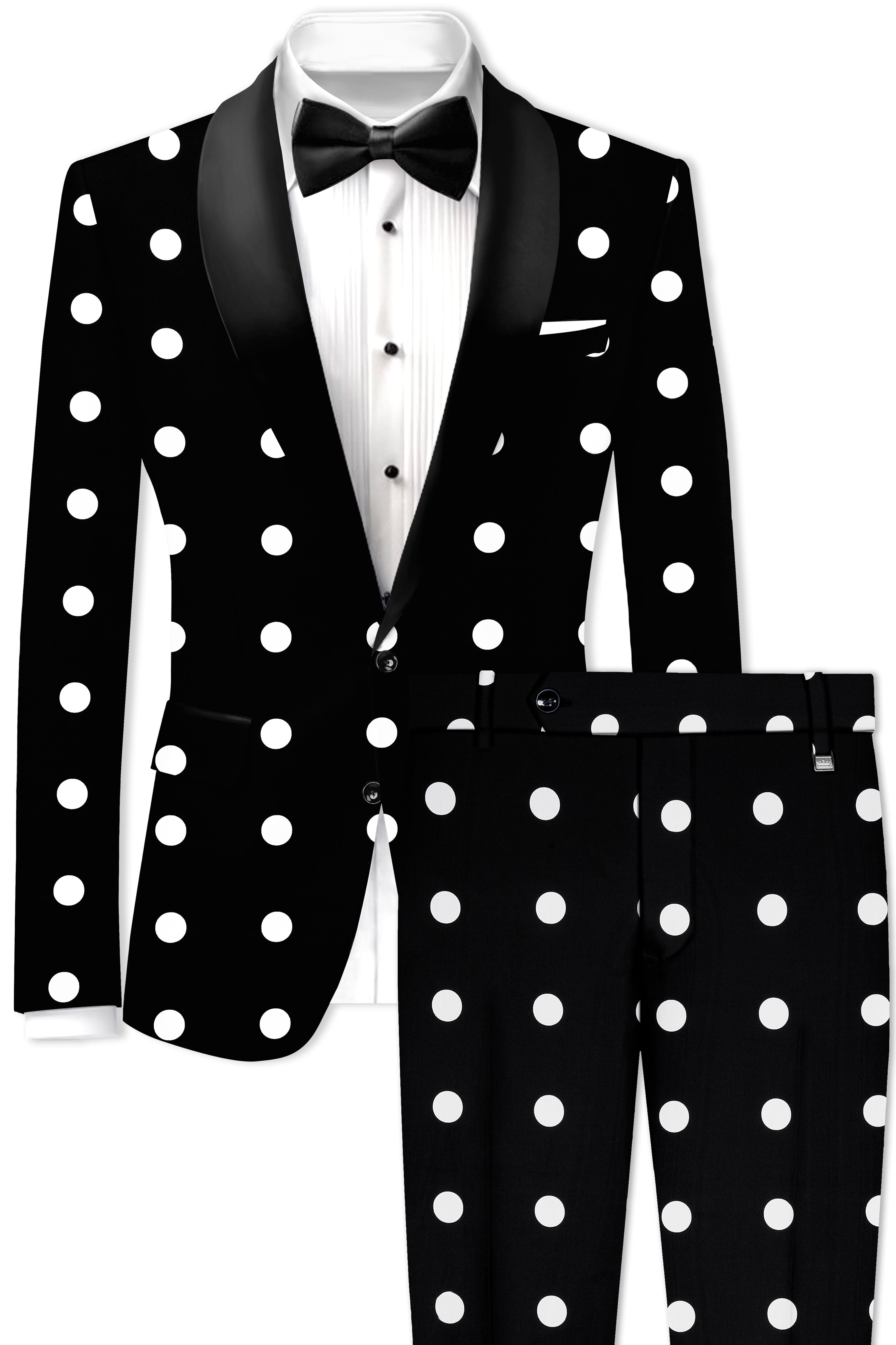 Noirdot-Jade Black and Bright White Polka Dotted Printed Premium Cotton Tuxedo Suit