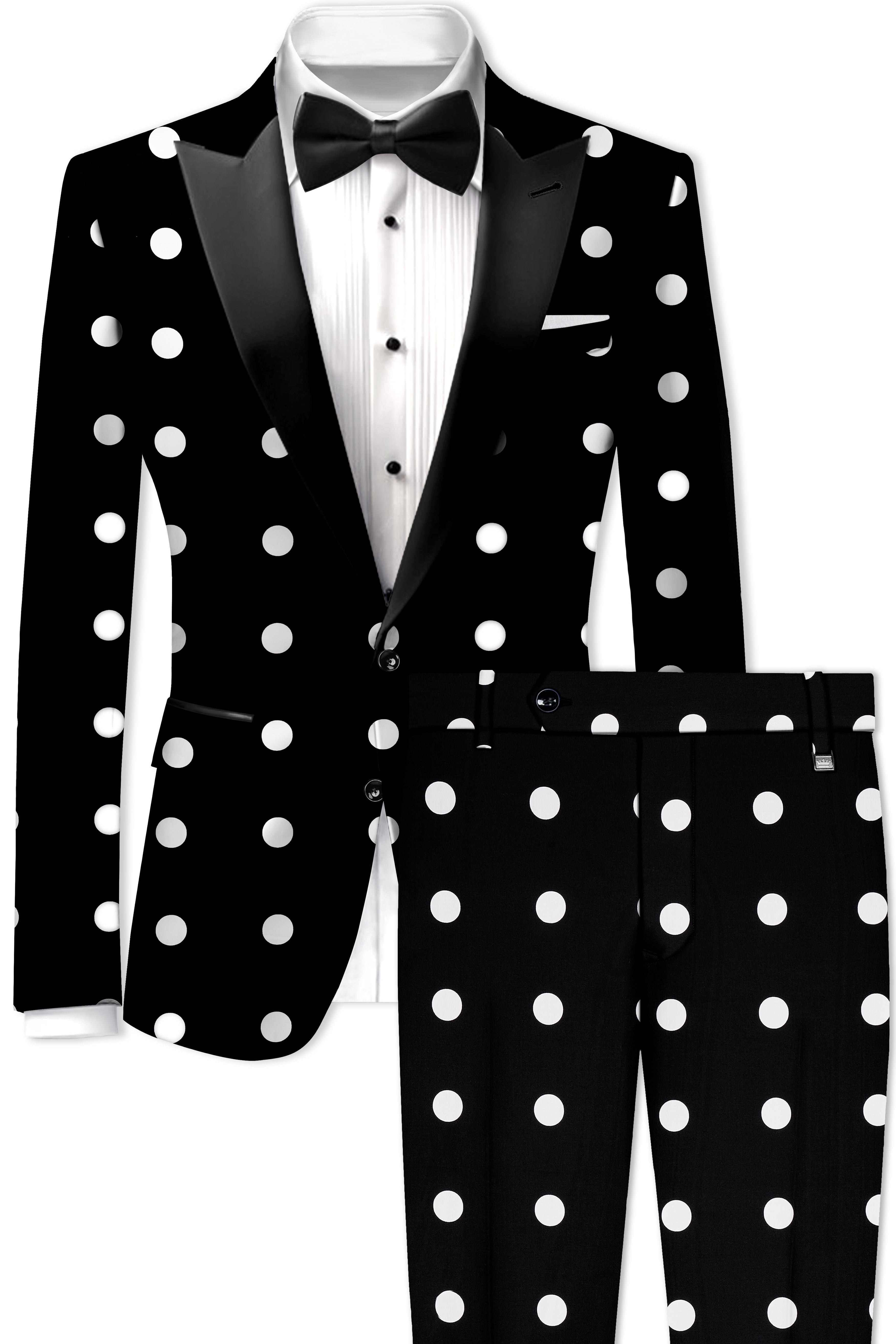Noirdot-Jade Black and Bright White Polka Dotted Printed Premium Cotton Peak Lapel Tuxedo Suit