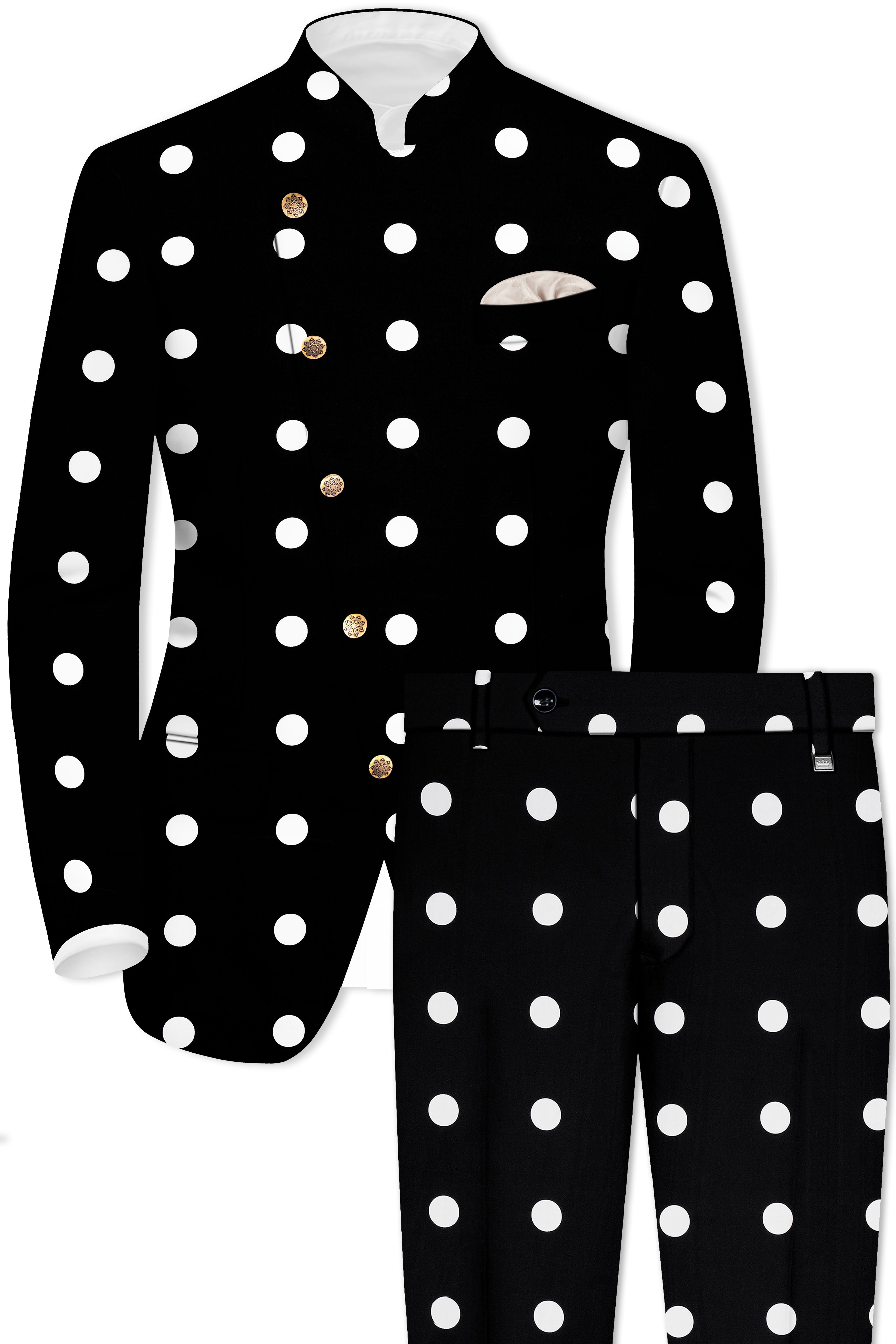 Noirdot-Jade Black and Bright White Polka Dotted Premium Cotton Cross Placket Bandhgala Suit