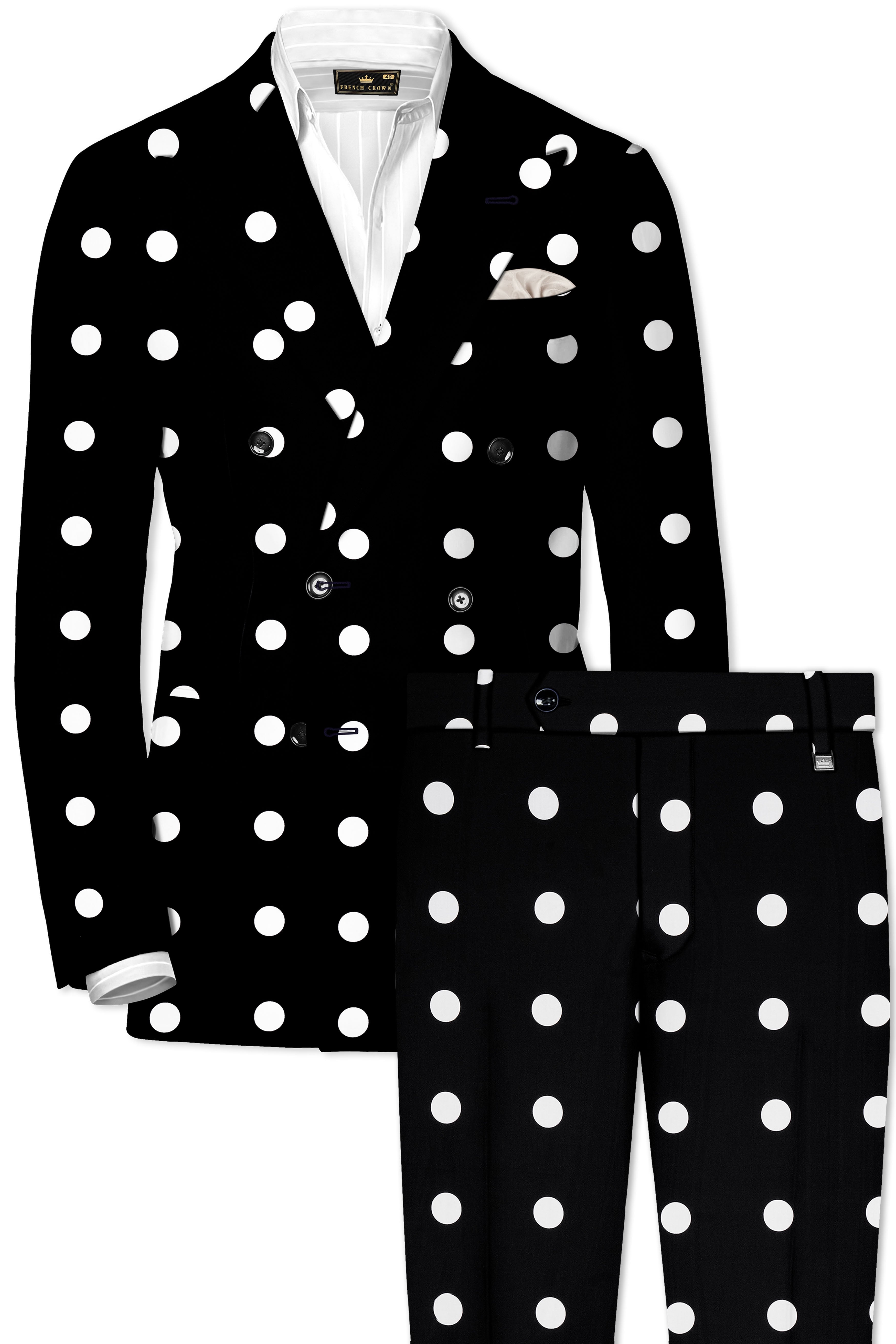 Noirdot-Jade Black and Bright White Polka Dotted Printed Premium Cotton Double Breasted Suit