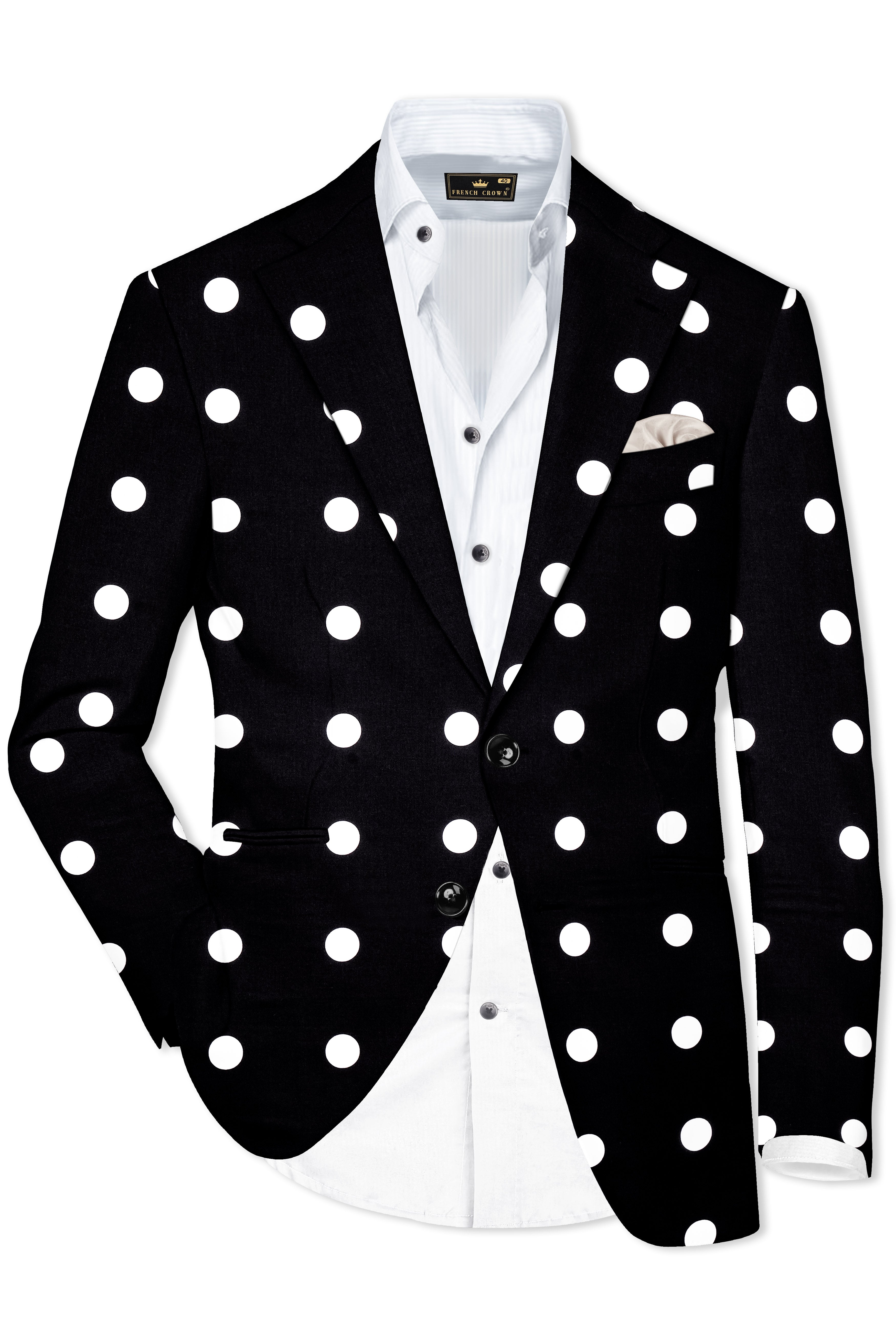 Noirdot-Jade Black and Bright White Polka Dotted Printed Premium Cotton Single Breasted Suit