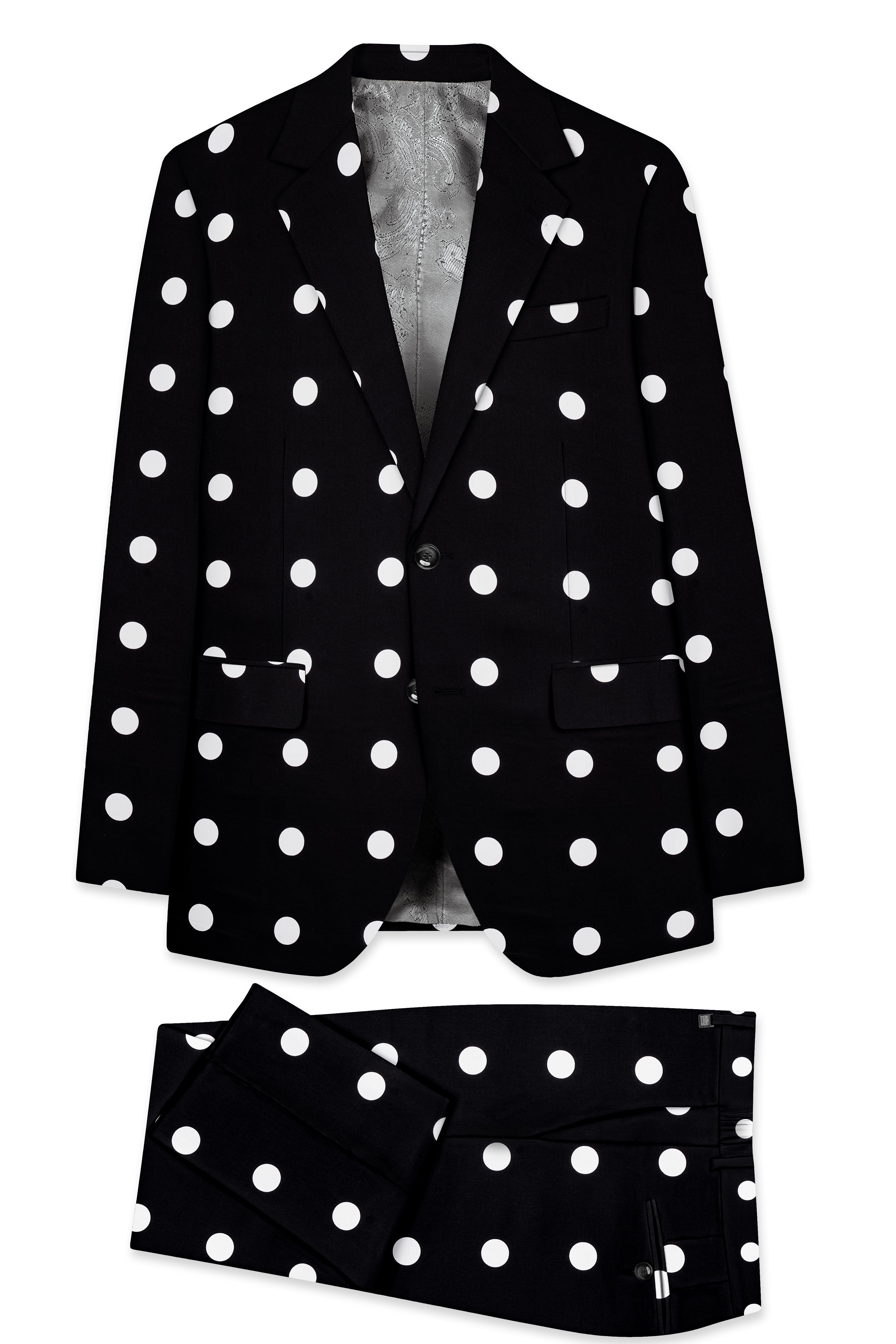 Noirdot-Jade Black and Bright White Polka Dotted Printed Premium Cotton Single Breasted Suit