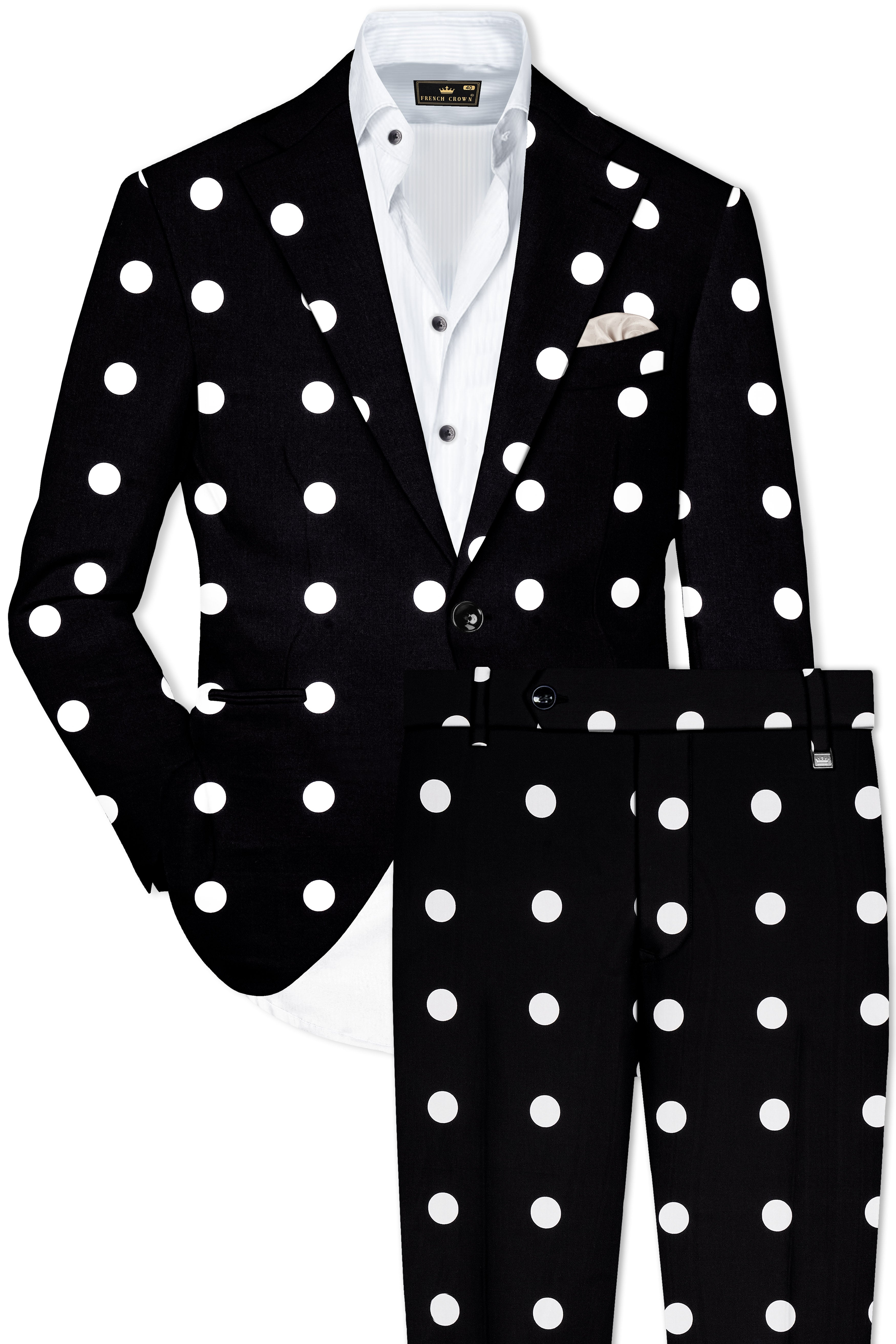 Noirdot-Jade Black and Bright White Polka Dotted Printed Premium Cotton Single Breasted Suit