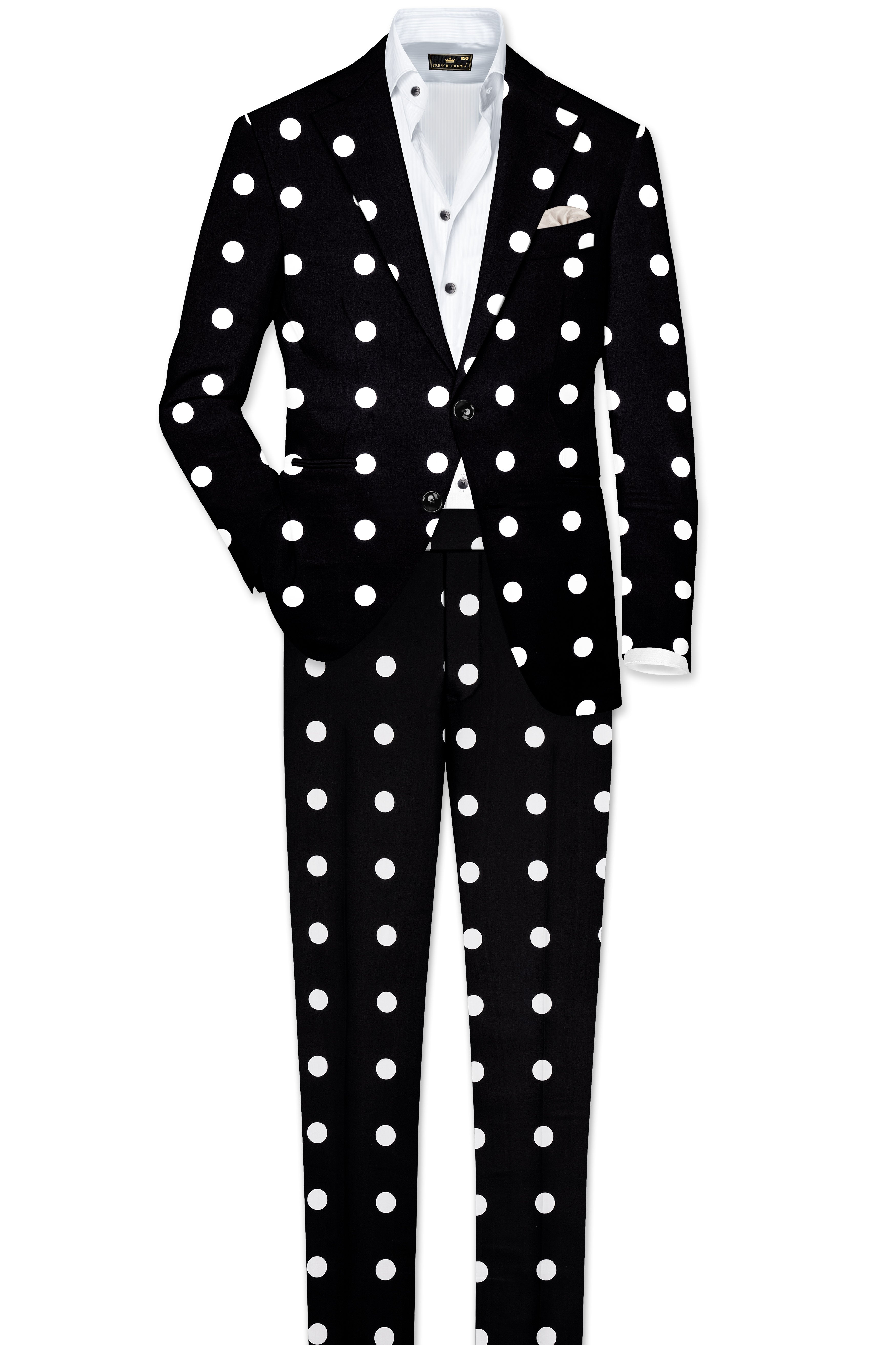 Noirdot-Jade Black and Bright White Polka Dotted Printed Premium Cotton Single Breasted Suit