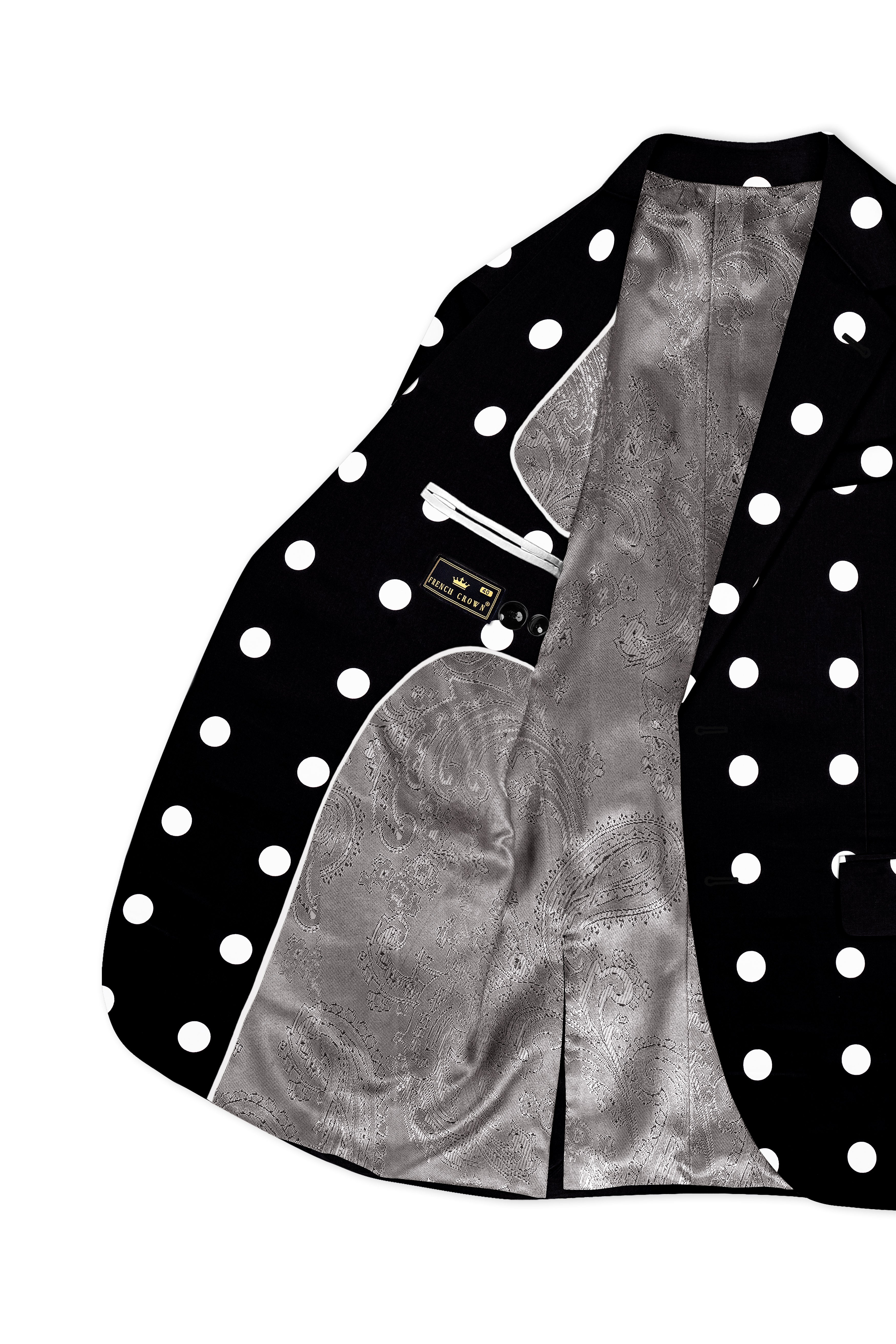 Noirdot-Jade Black and Bright White Polka Dotted Printed Premium Cotton Single Breasted Suit
