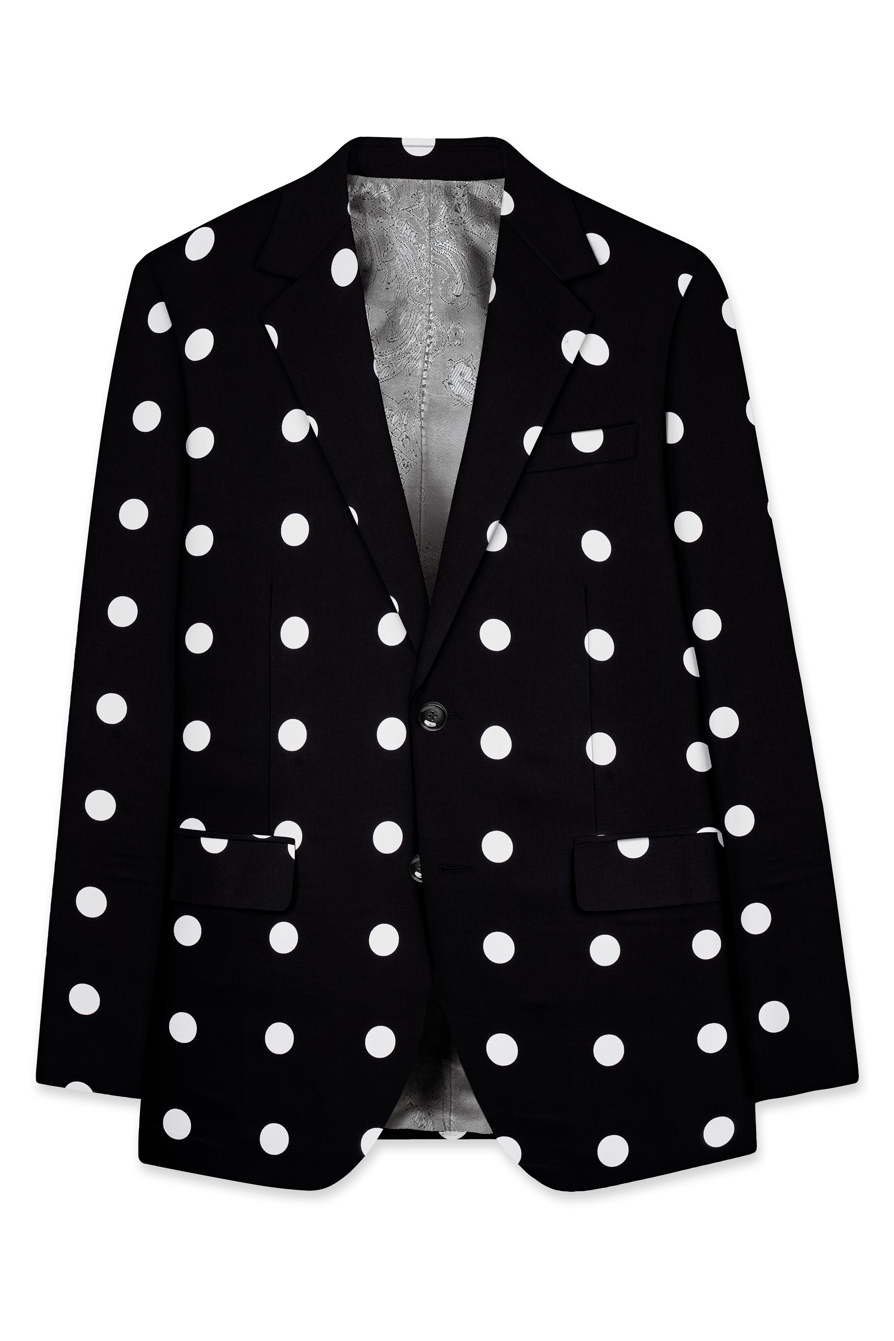 Noirdot-Jade Black and Bright White Polka Dotted Printed Premium Cotton Single Breasted Suit