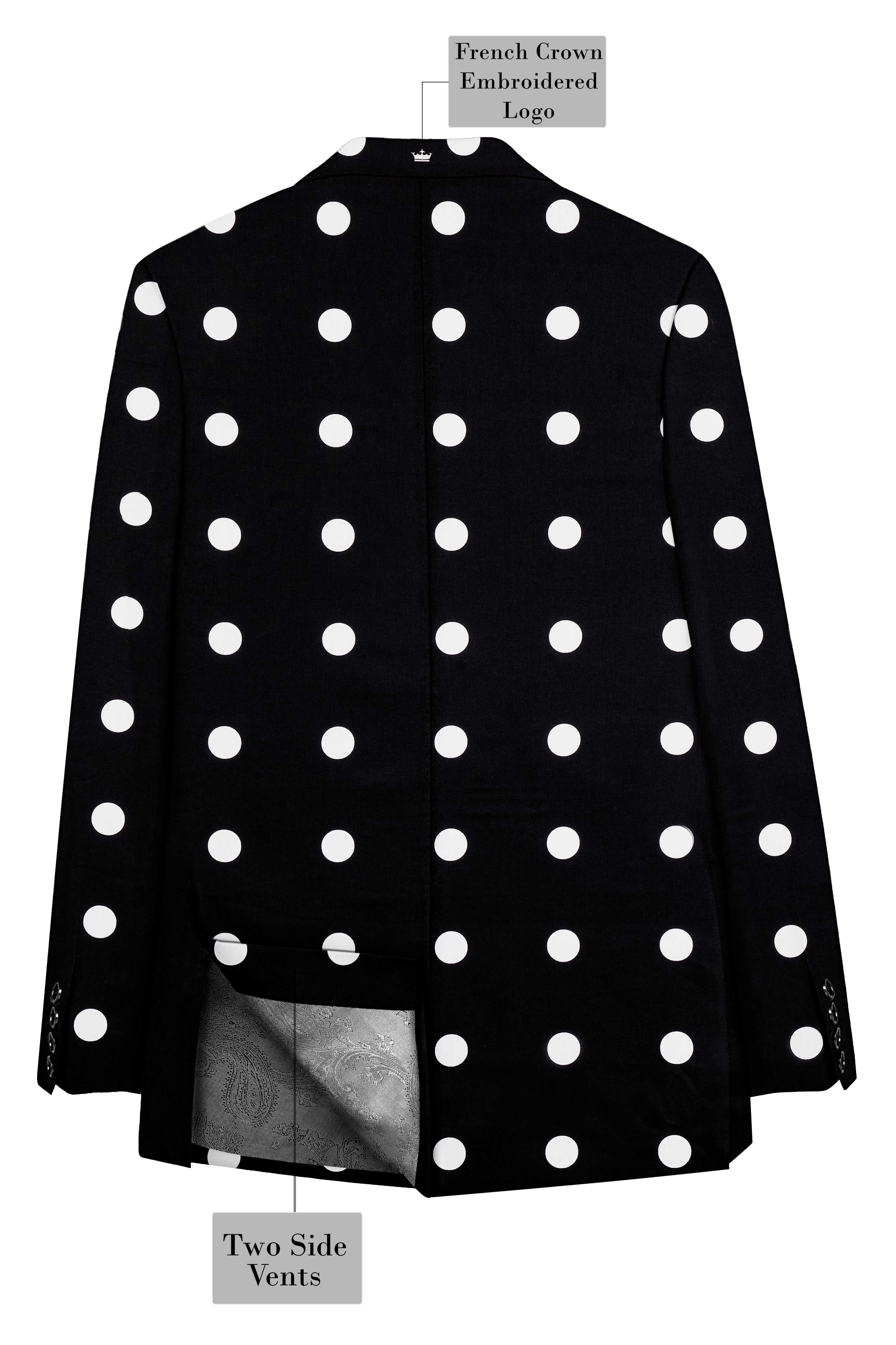 Noirdot-Jade Black and Bright White Polka Dotted Printed Premium Cotton Single Breasted Suit
