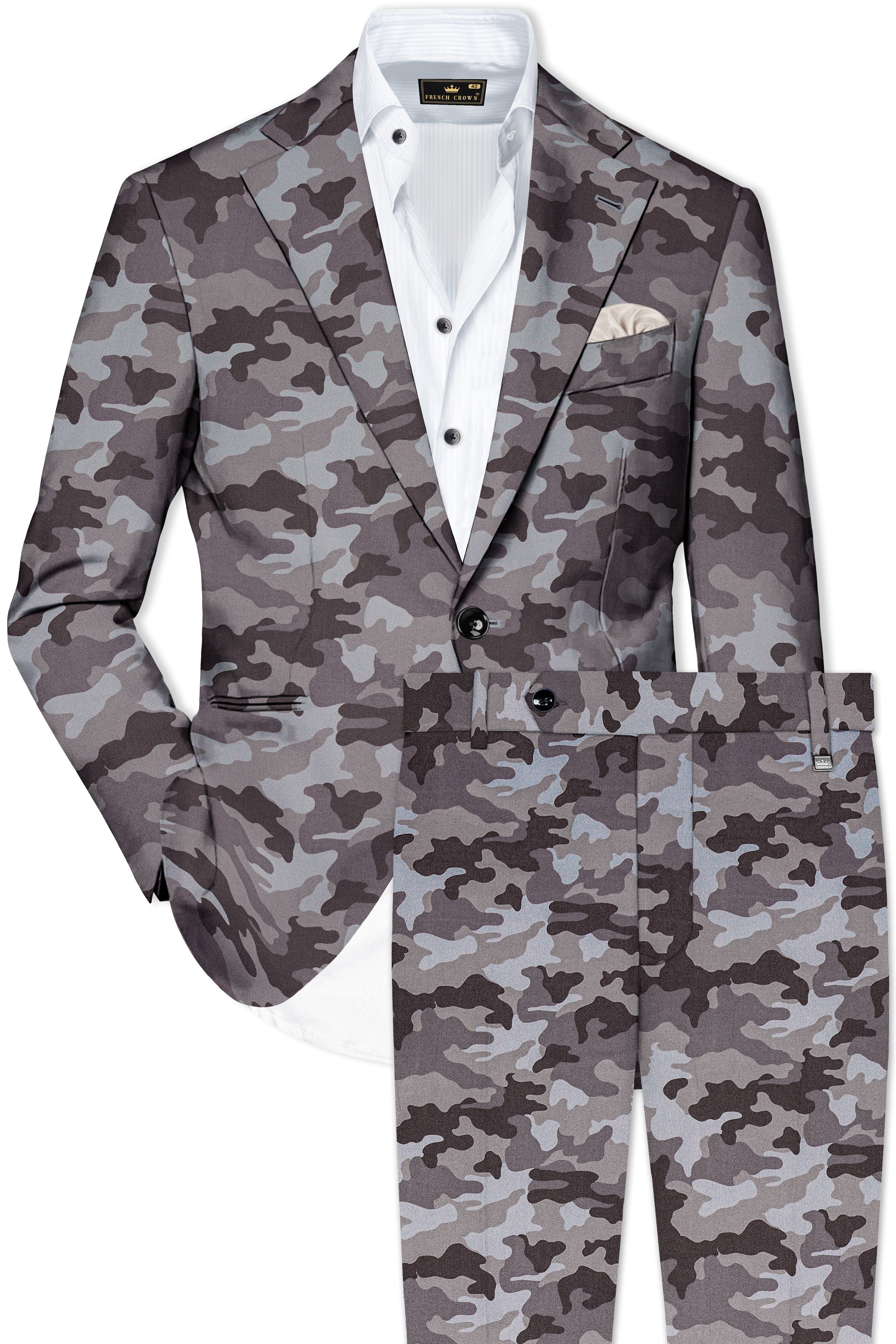 Stoneid-Gravel Gray with Iridium Brown Camouflage Printed Premium Cotton Single Breasted Suit