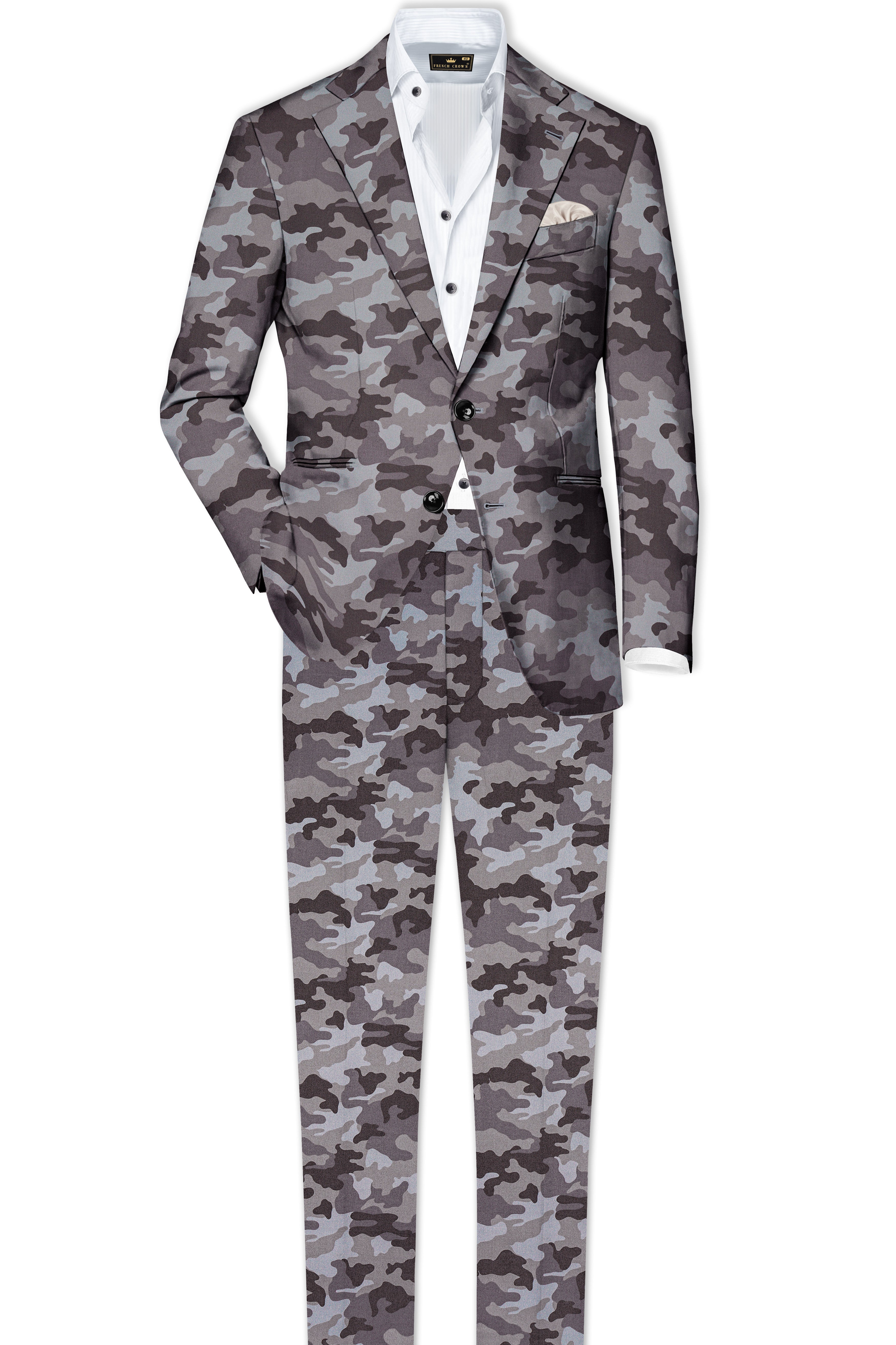 Stoneid-Gravel Gray with Iridium Brown Camouflage Printed Premium Cotton Single Breasted Suit