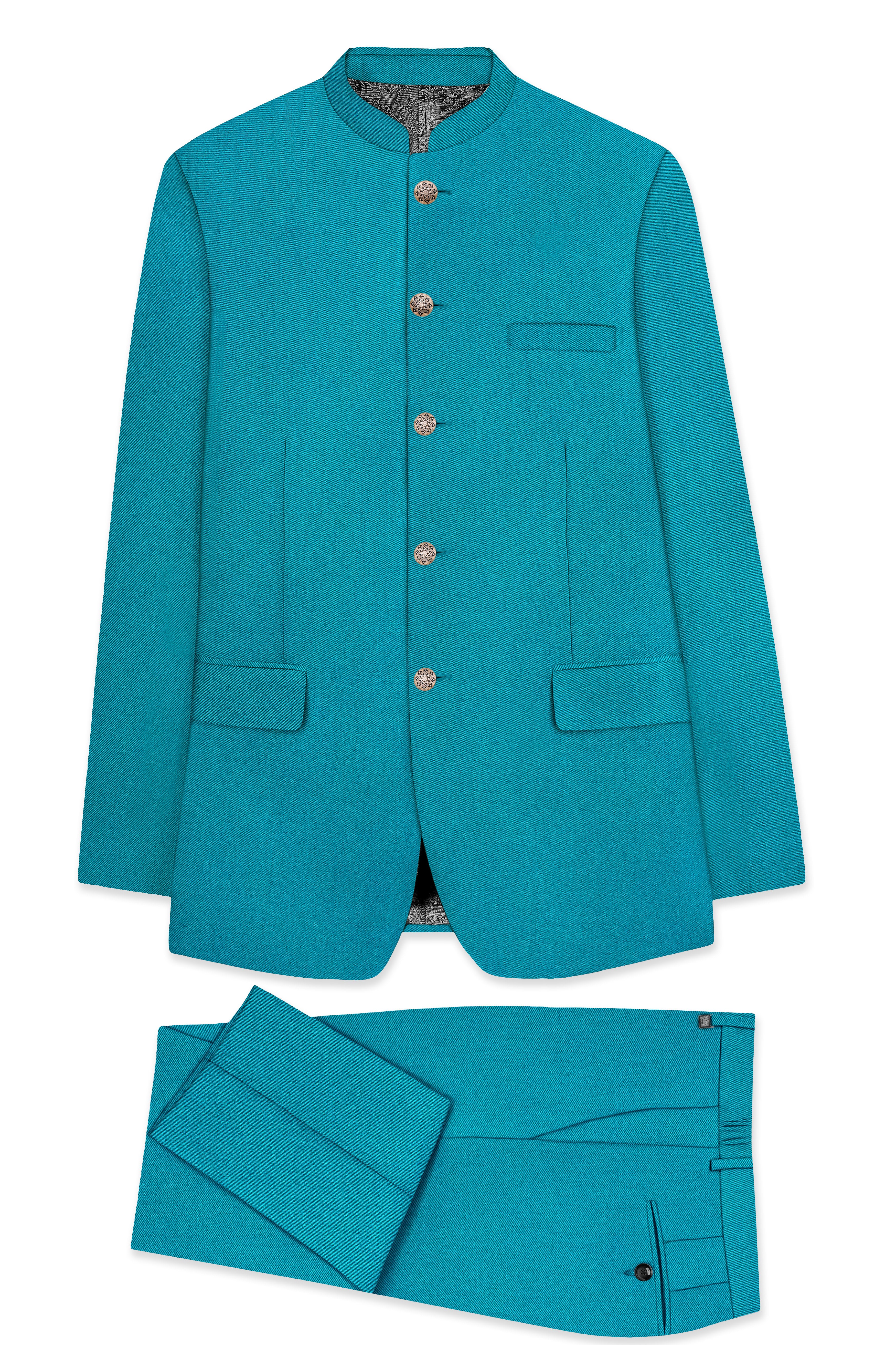 Zephir-Surfie Green Wool Rich Bandhgala Stretchable Traveler Suit