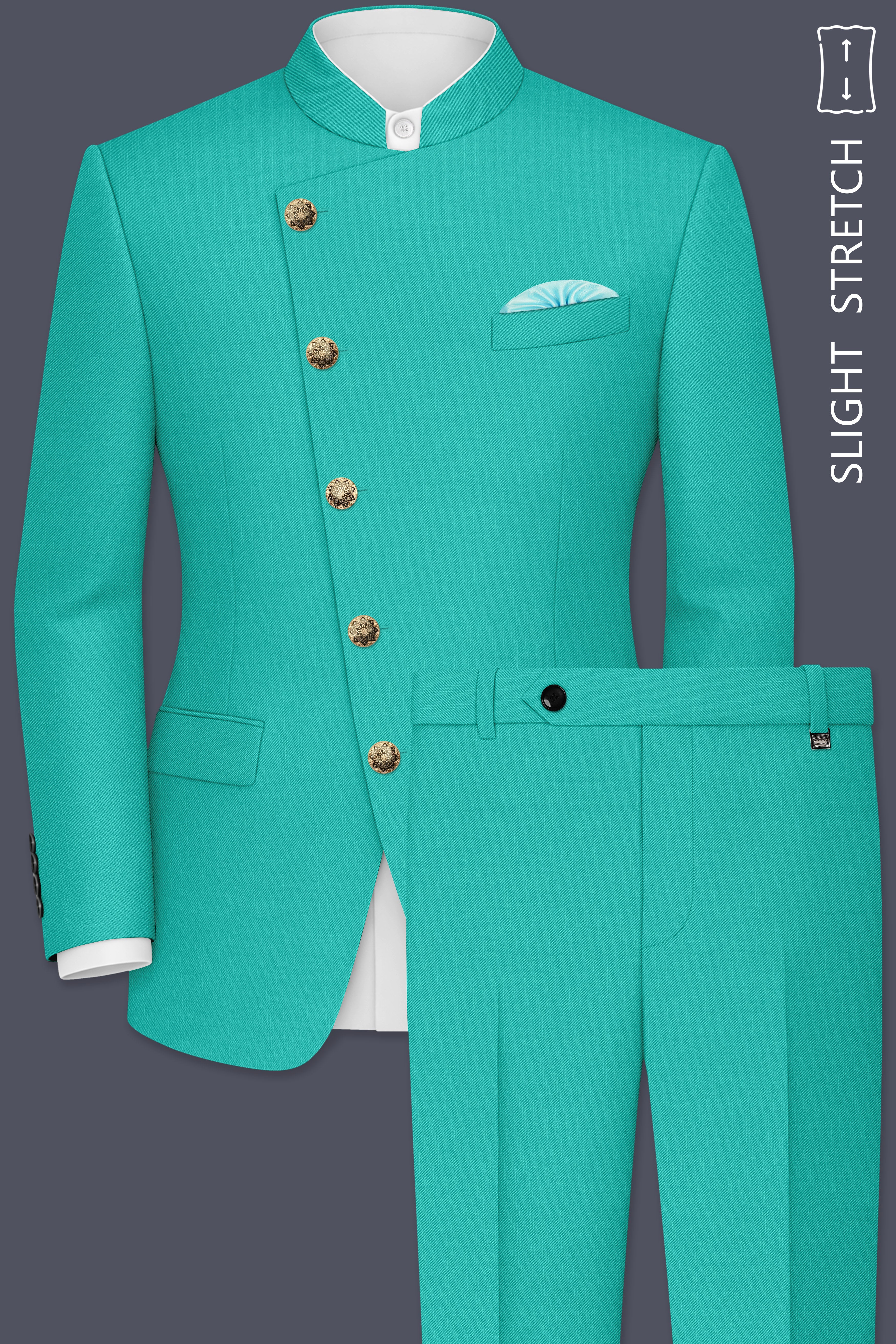 Aegir-Viking Blue Wool Rich Cross Placket Bandhgala Slight Stretch Suit