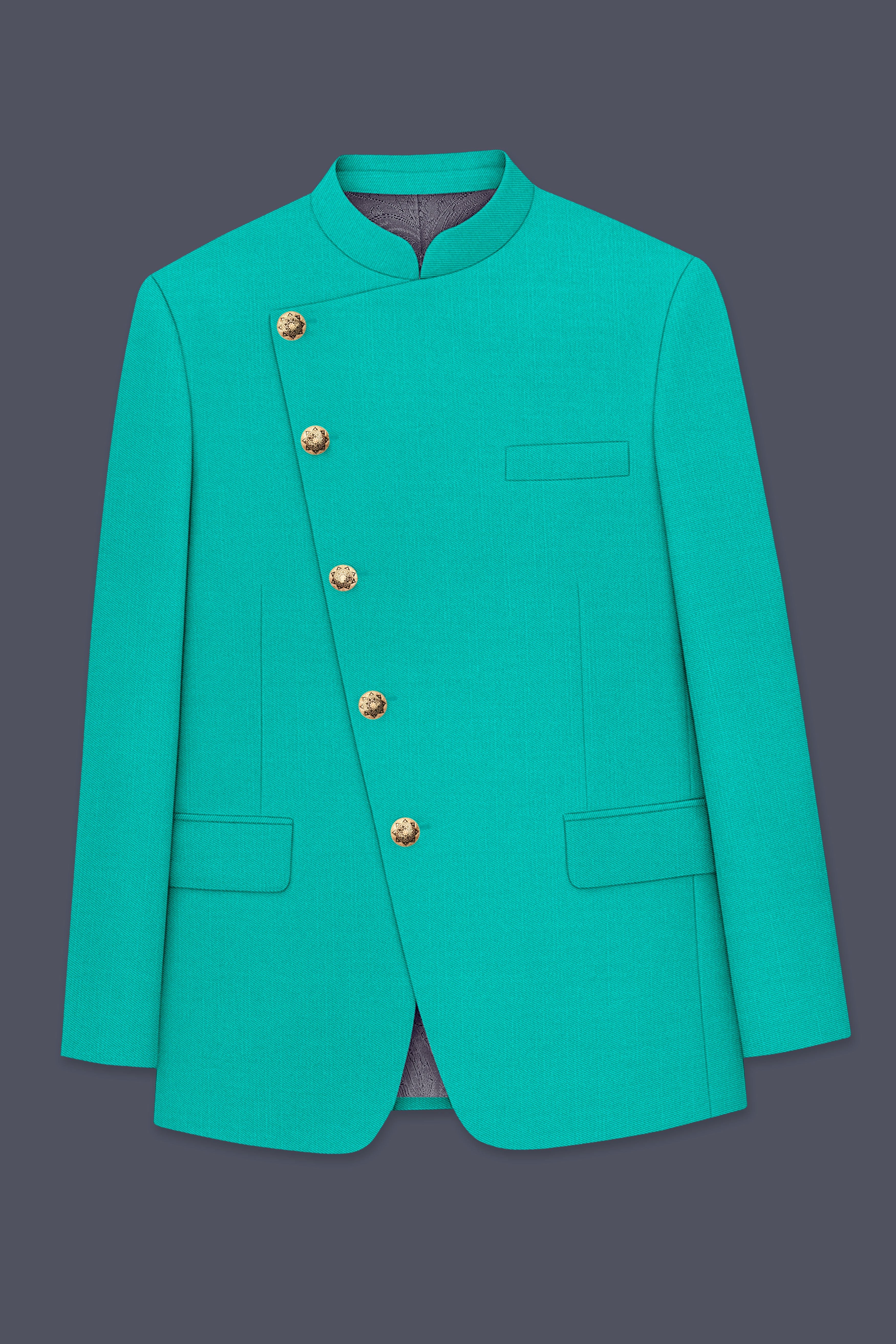 Aegir-Viking Blue Wool Rich Cross Placket Bandhgala Slight Stretch Suit