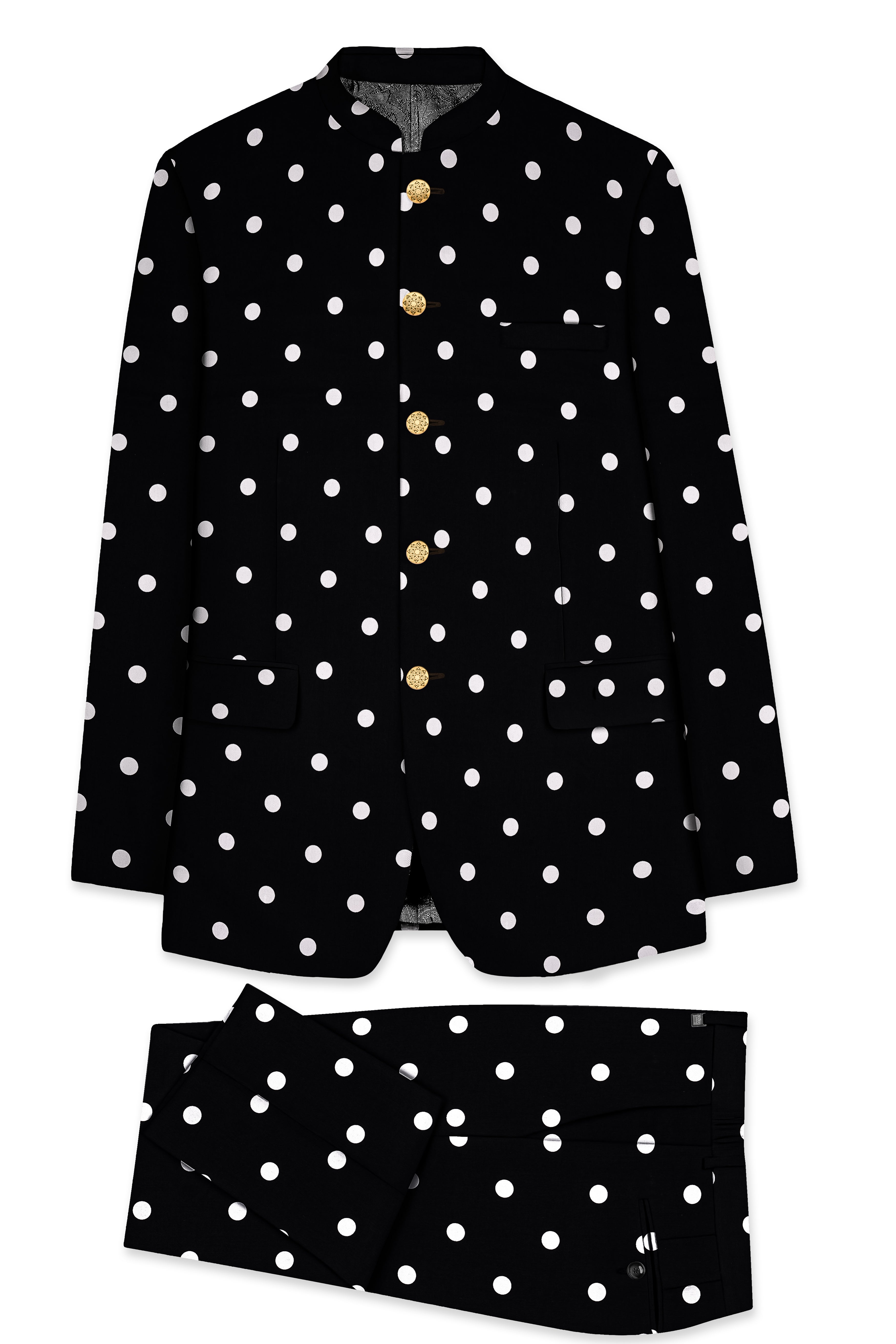 Noirdot-Jade Black Polka Dotted Premium Cotton Bandhgala Suit