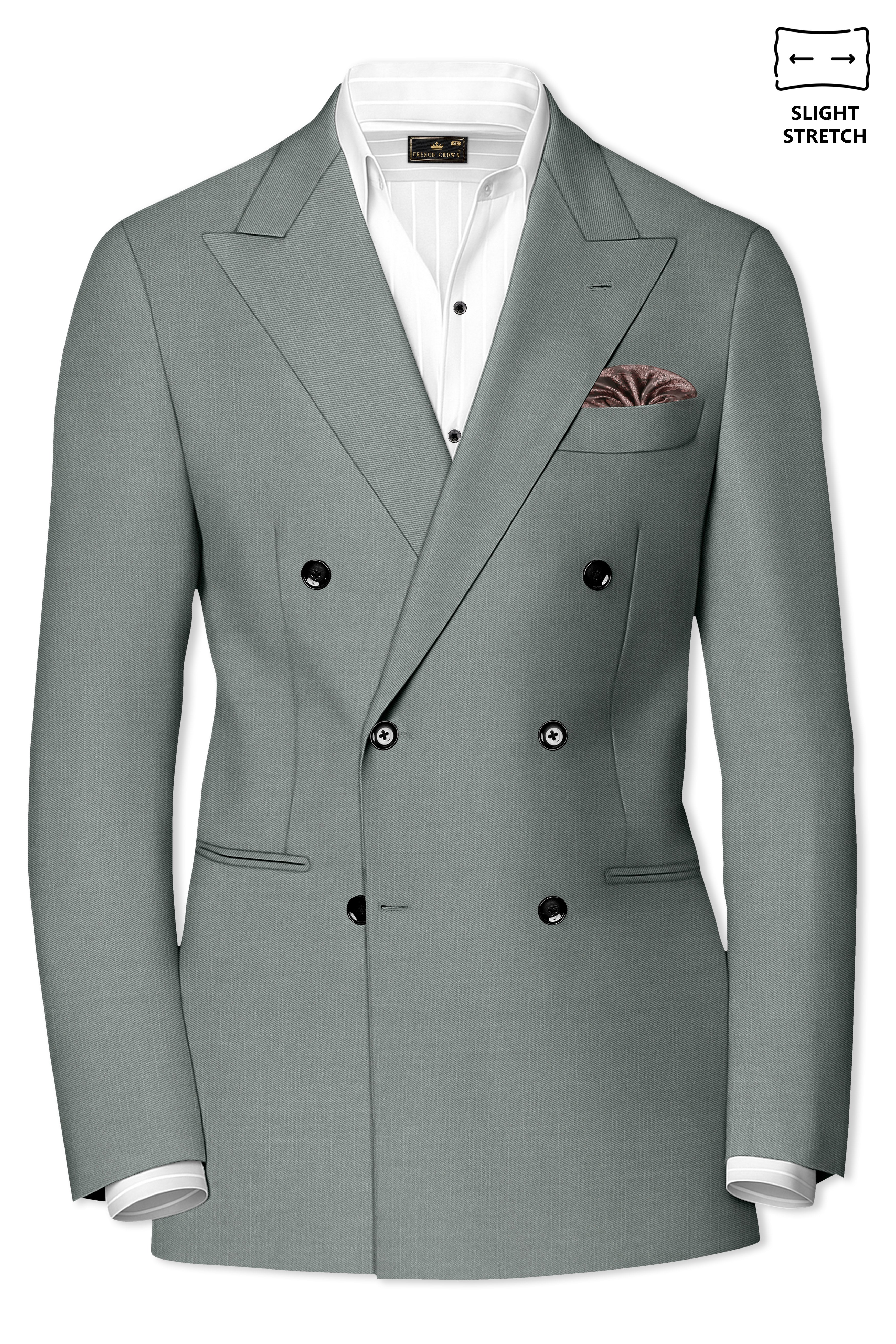 Travliam-William Green Wool Rich Double Breasted Slight Stretch Suit