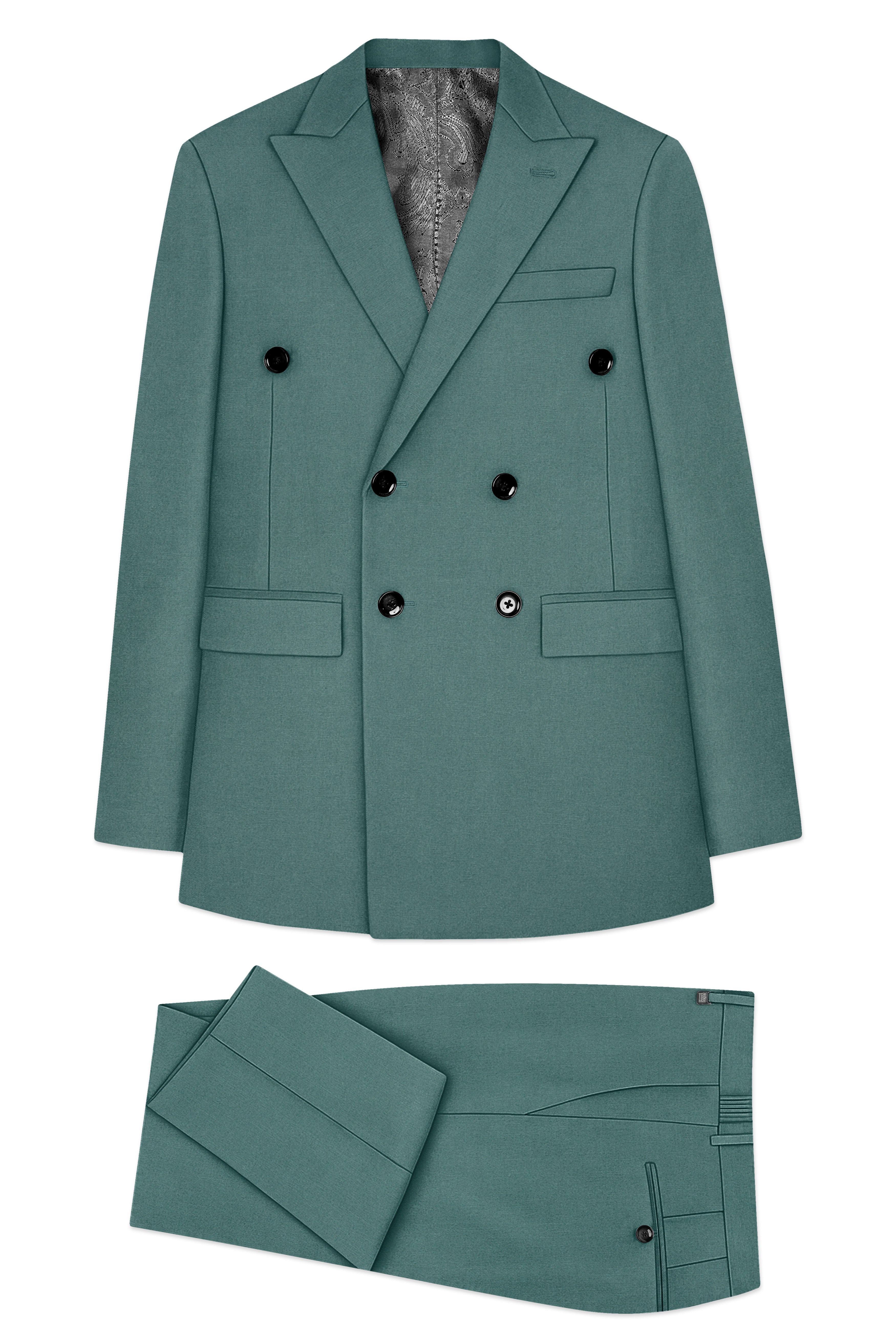 Travliam-William Green Wool Rich Double Breasted Slight Stretch Suit
