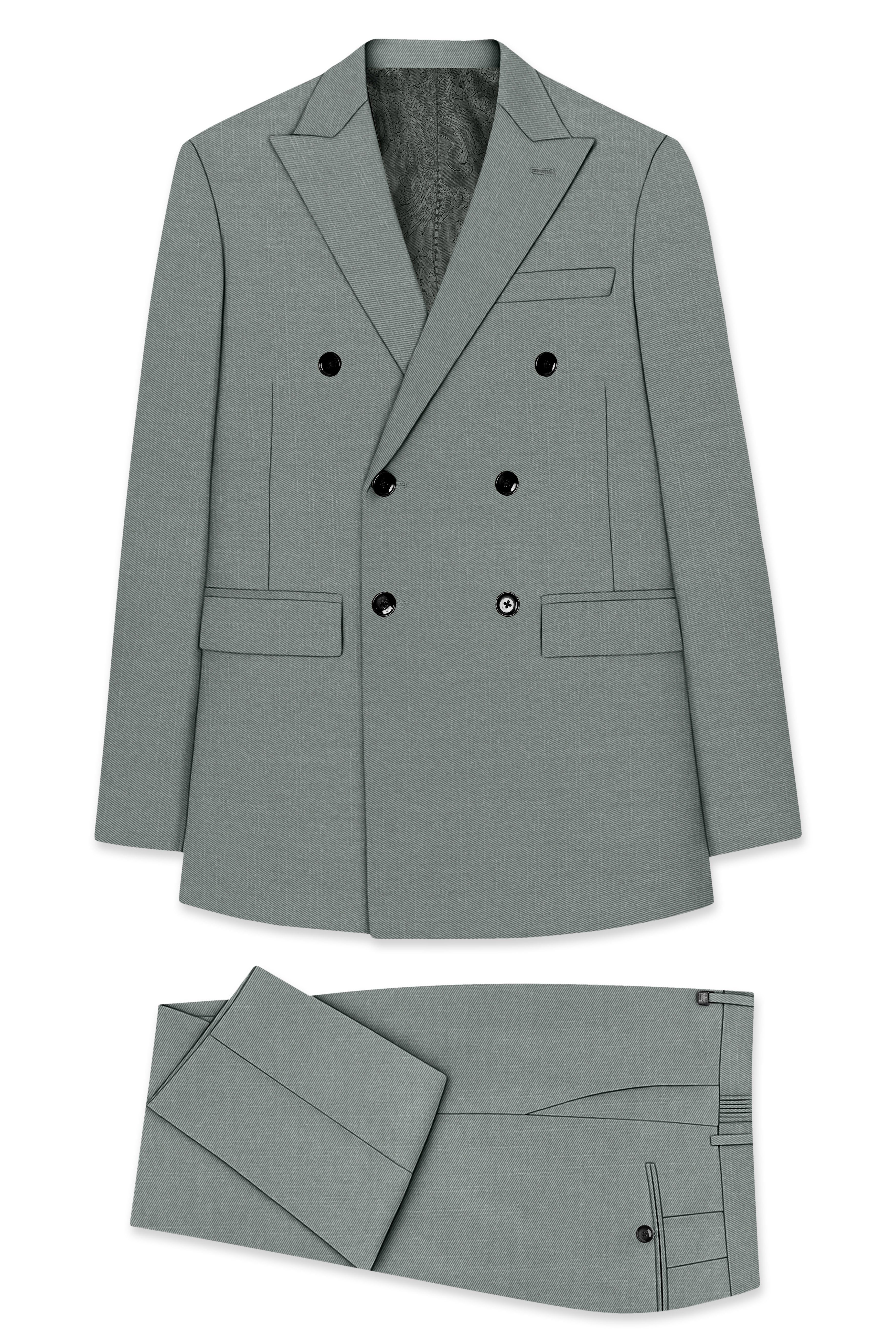 Travliam-William Green Wool Rich Double Breasted Slight Stretch Suit