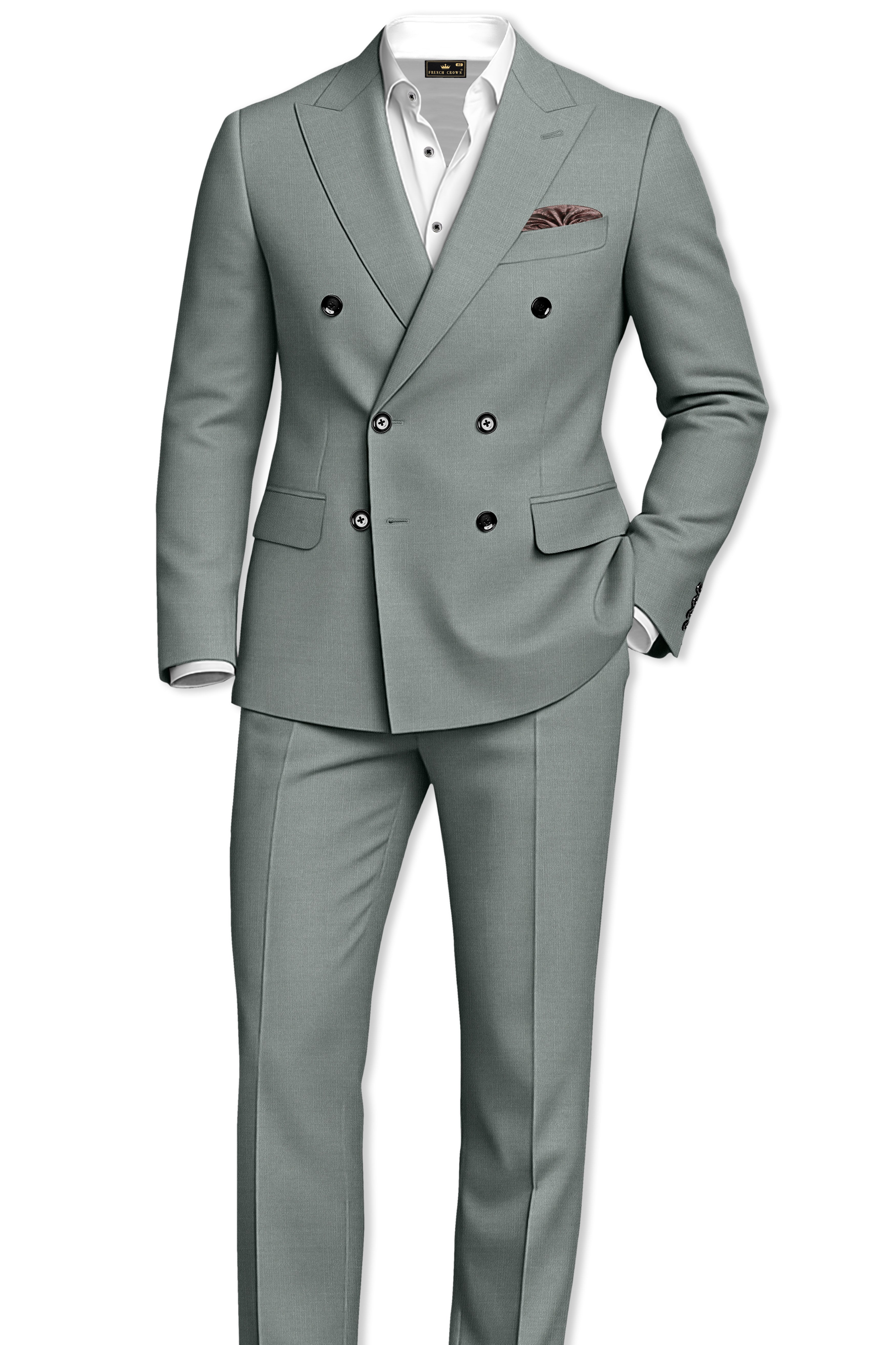 Travliam-William Green Wool Rich Double Breasted Slight Stretch Suit