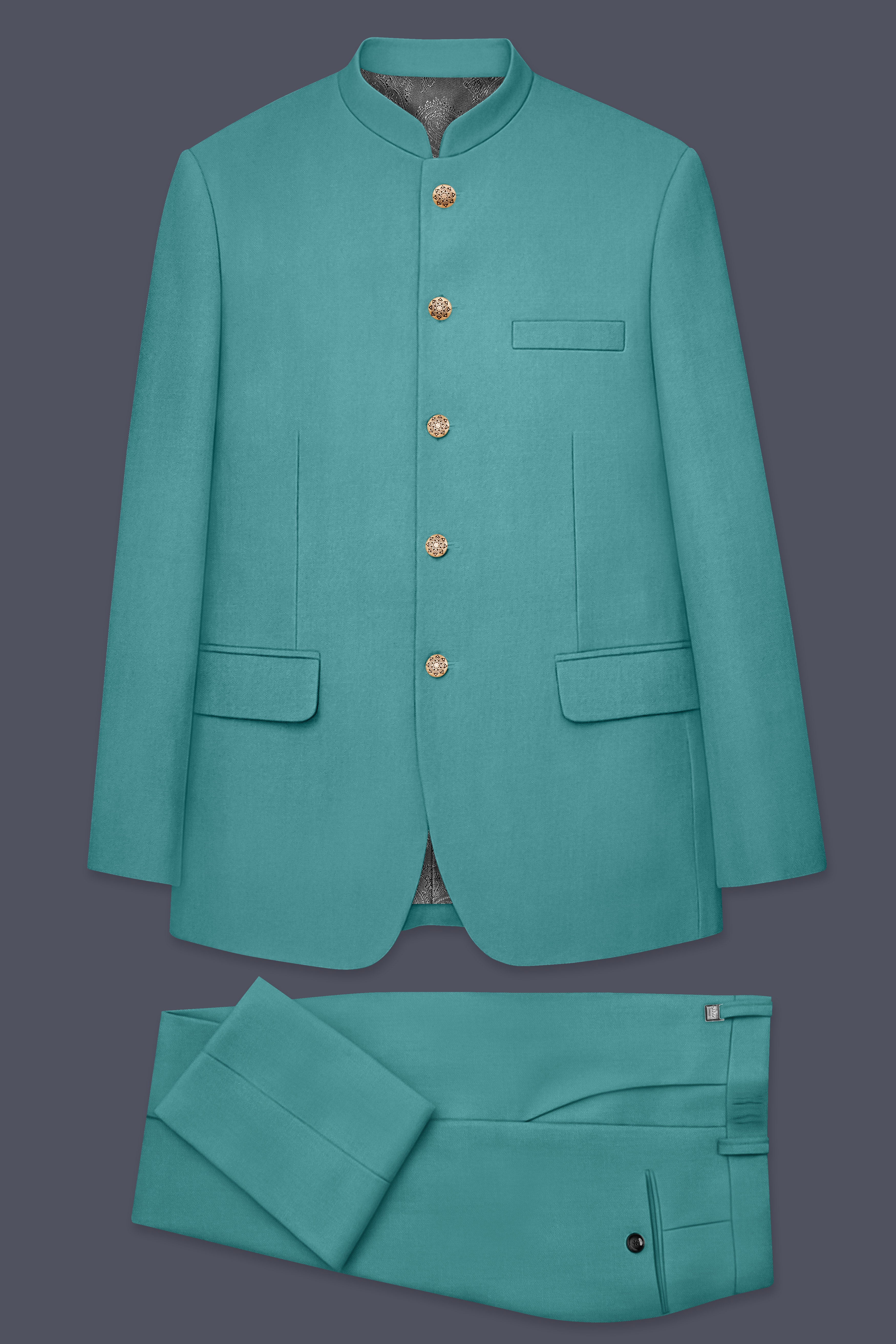 Travirid-Gothic Green Wool Rich Bandhgala Slight Stretch Suit