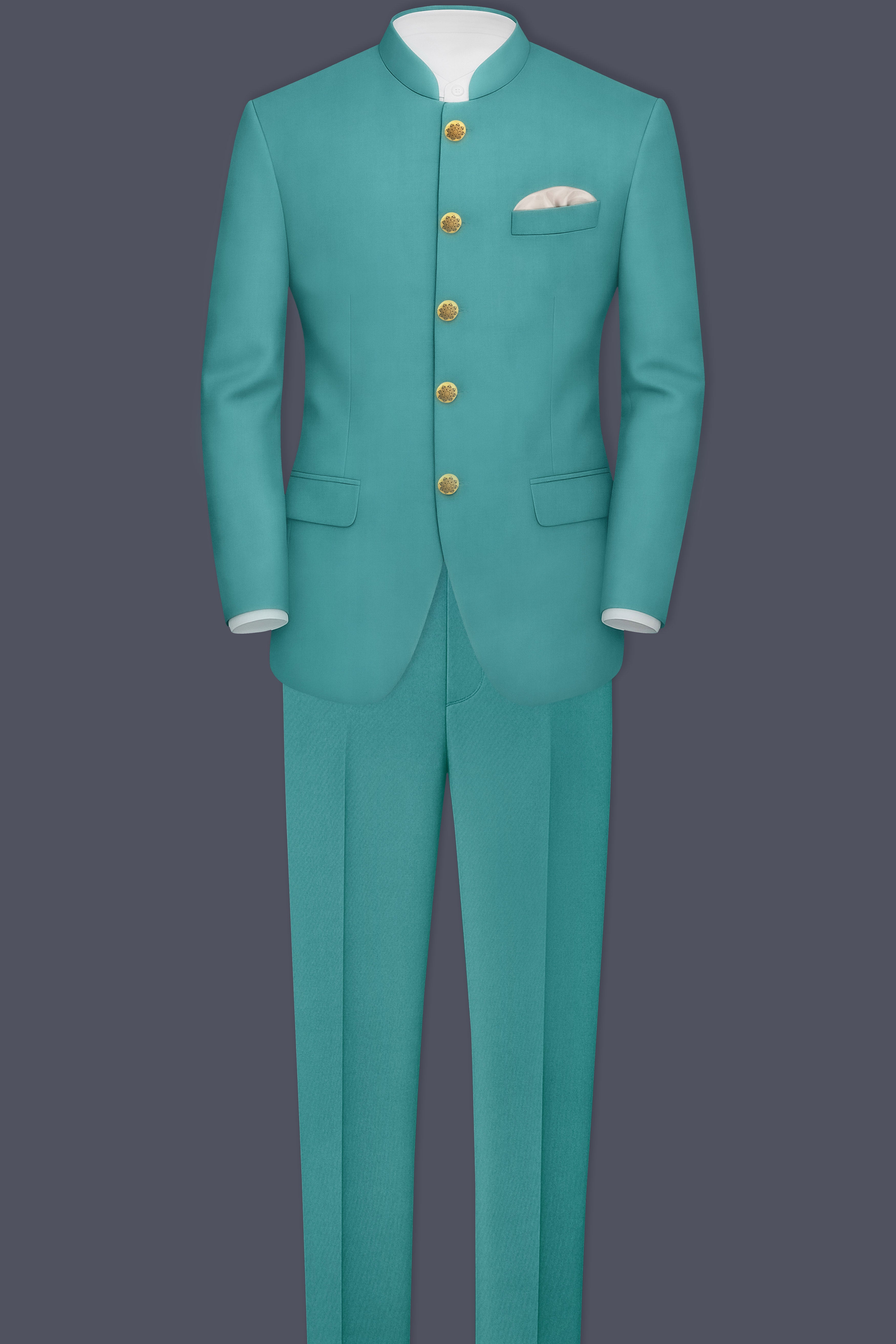 Travirid-Gothic Green Wool Rich Bandhgala Slight Stretch Suit