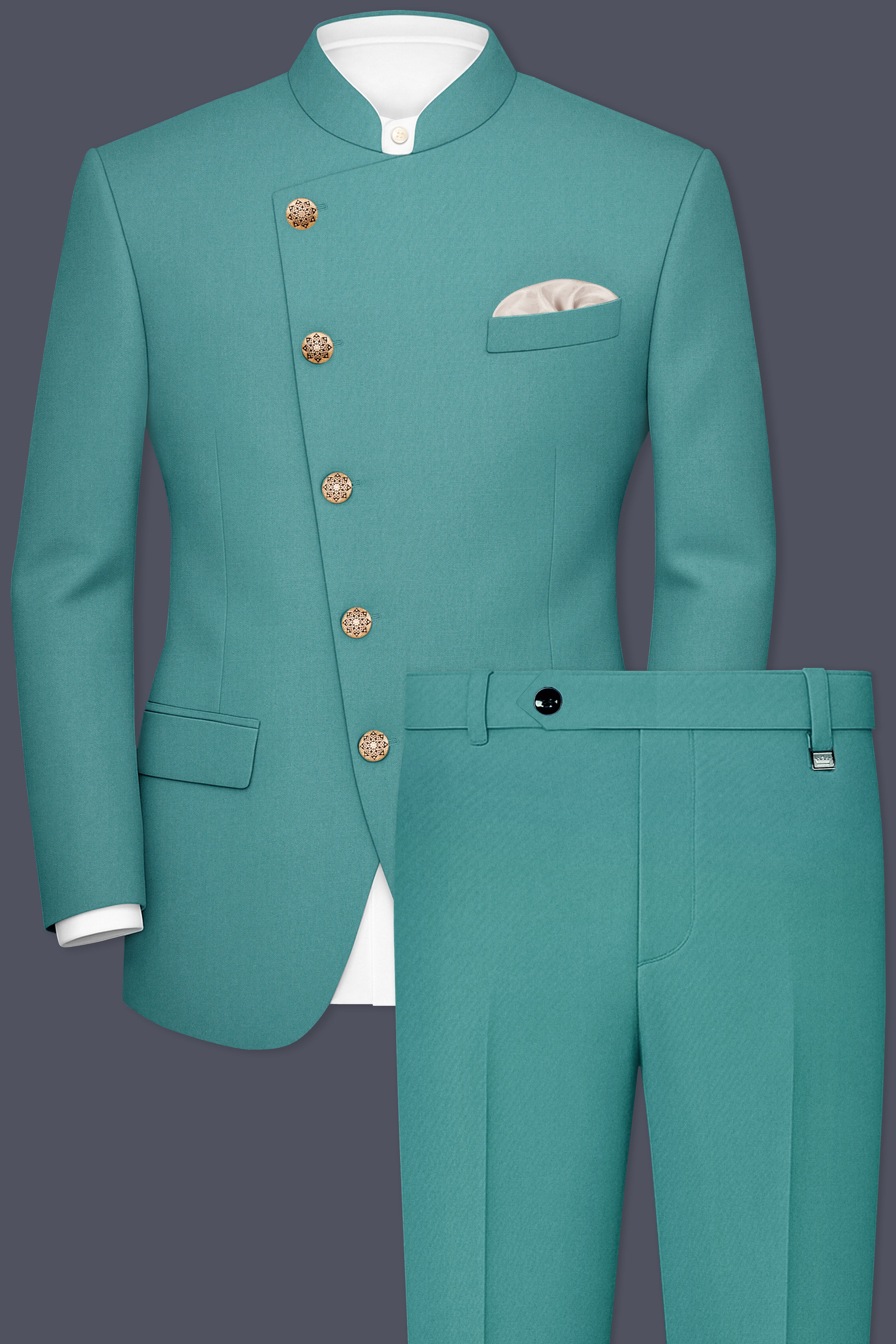 Travirid-Gothic Green Wool Rich Cross Placket Bandhgala Stretchable Traveler Suit
