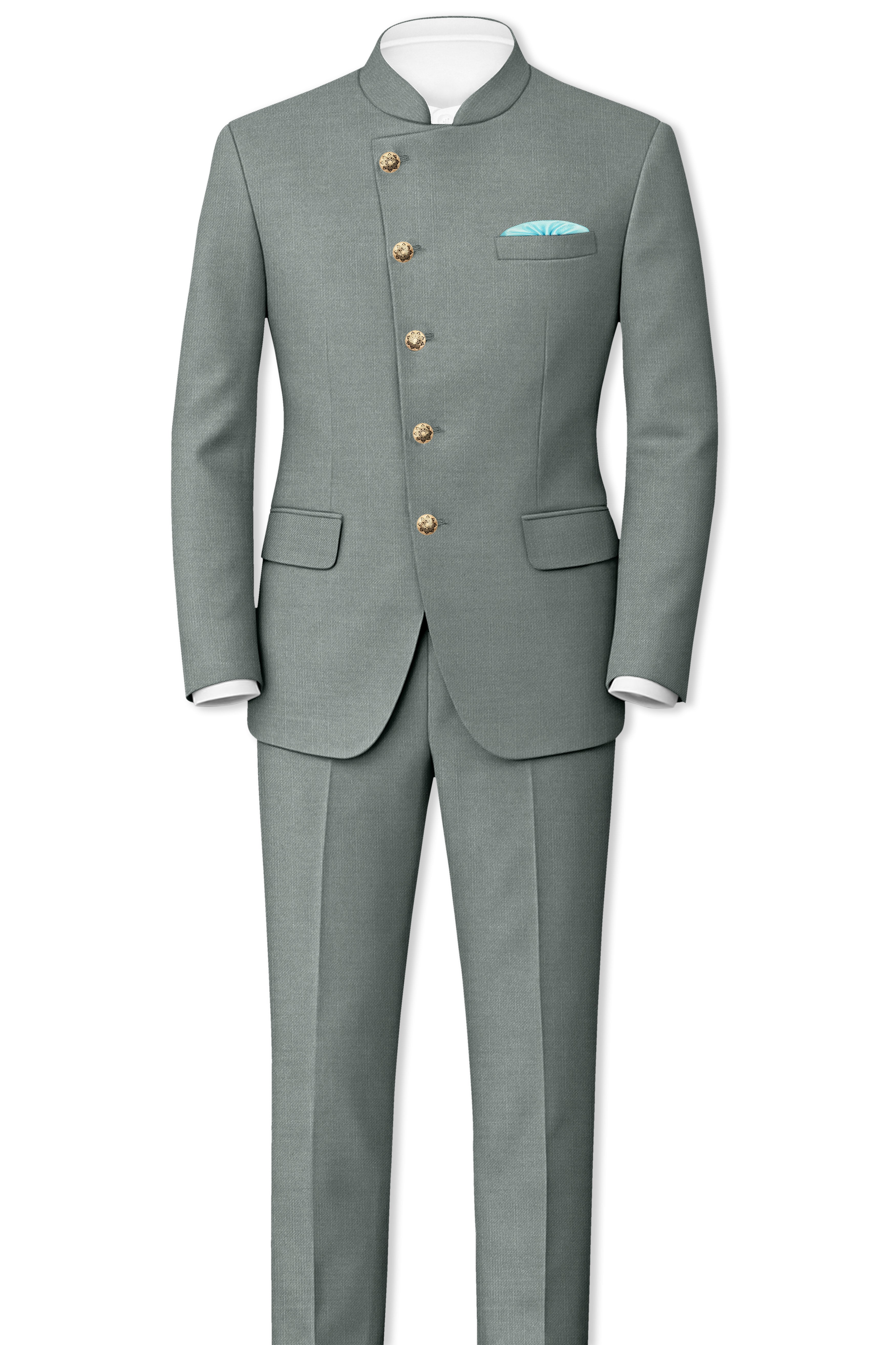 Travliam-William Green Wool Rich Cross Placket Bandhgala Slight Stretch Suit