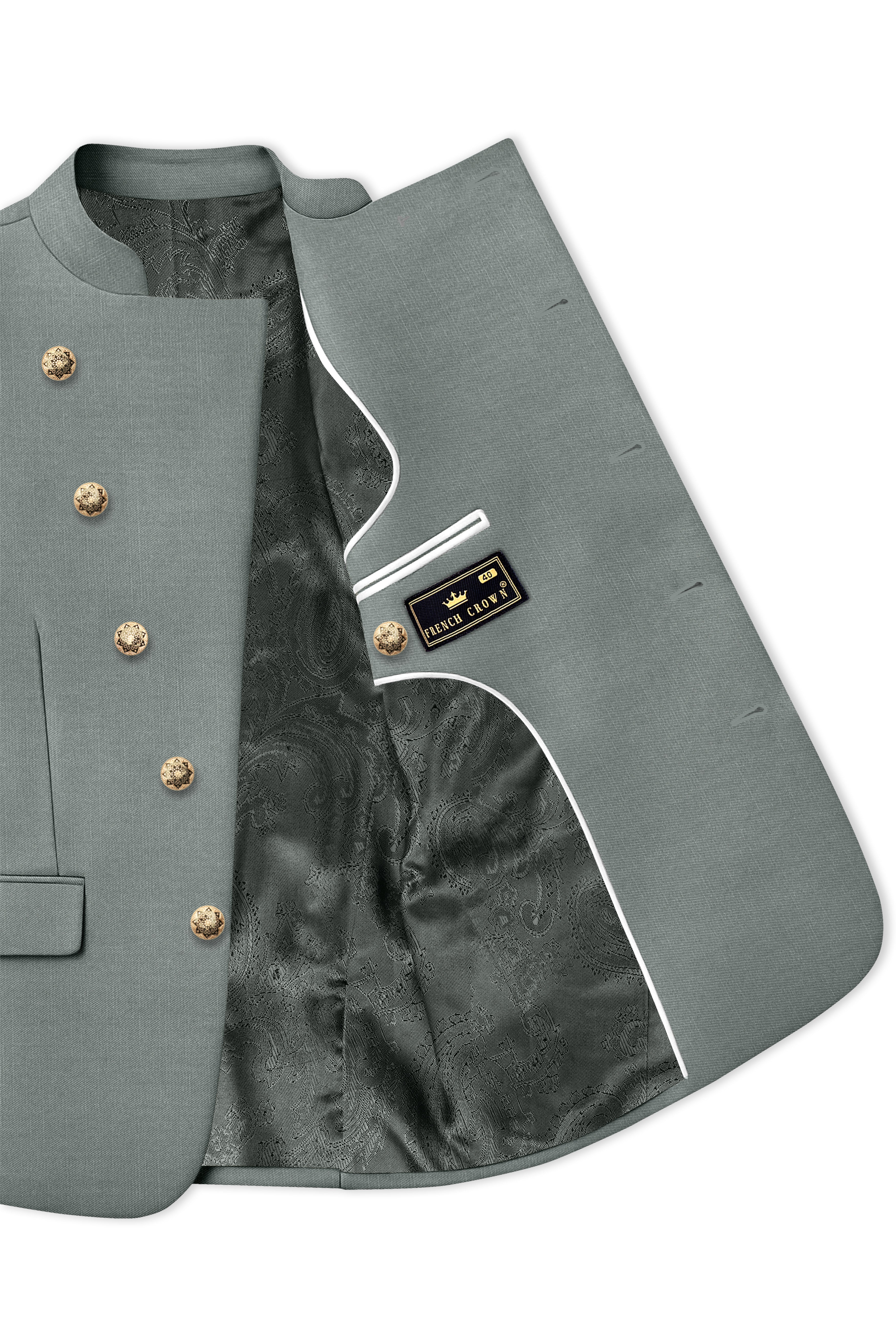 Travliam-William Green Wool Rich Cross Placket Bandhgala Slight Stretch Suit