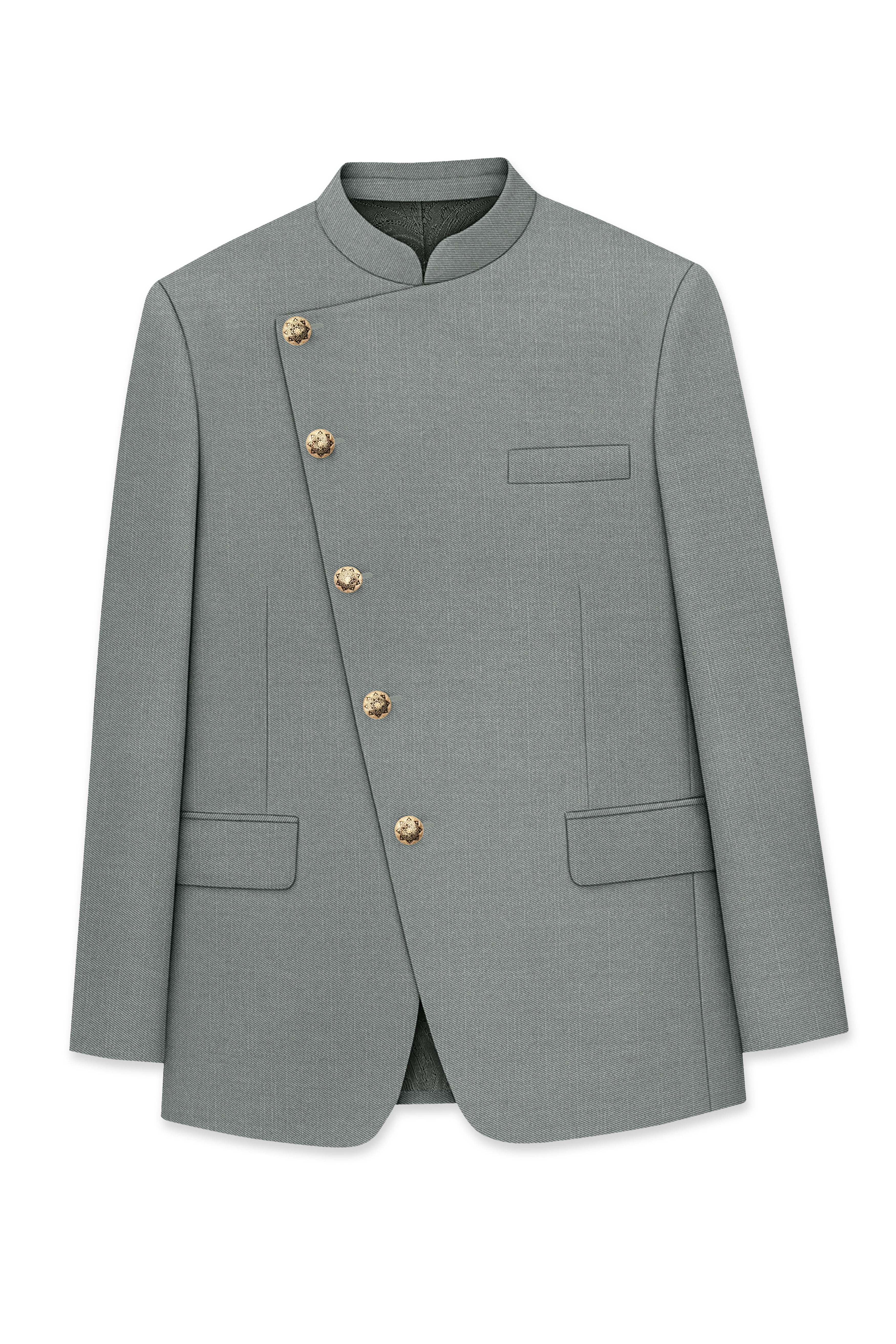 Travliam-William Green Wool Rich Cross Placket Bandhgala Slight Stretch Suit