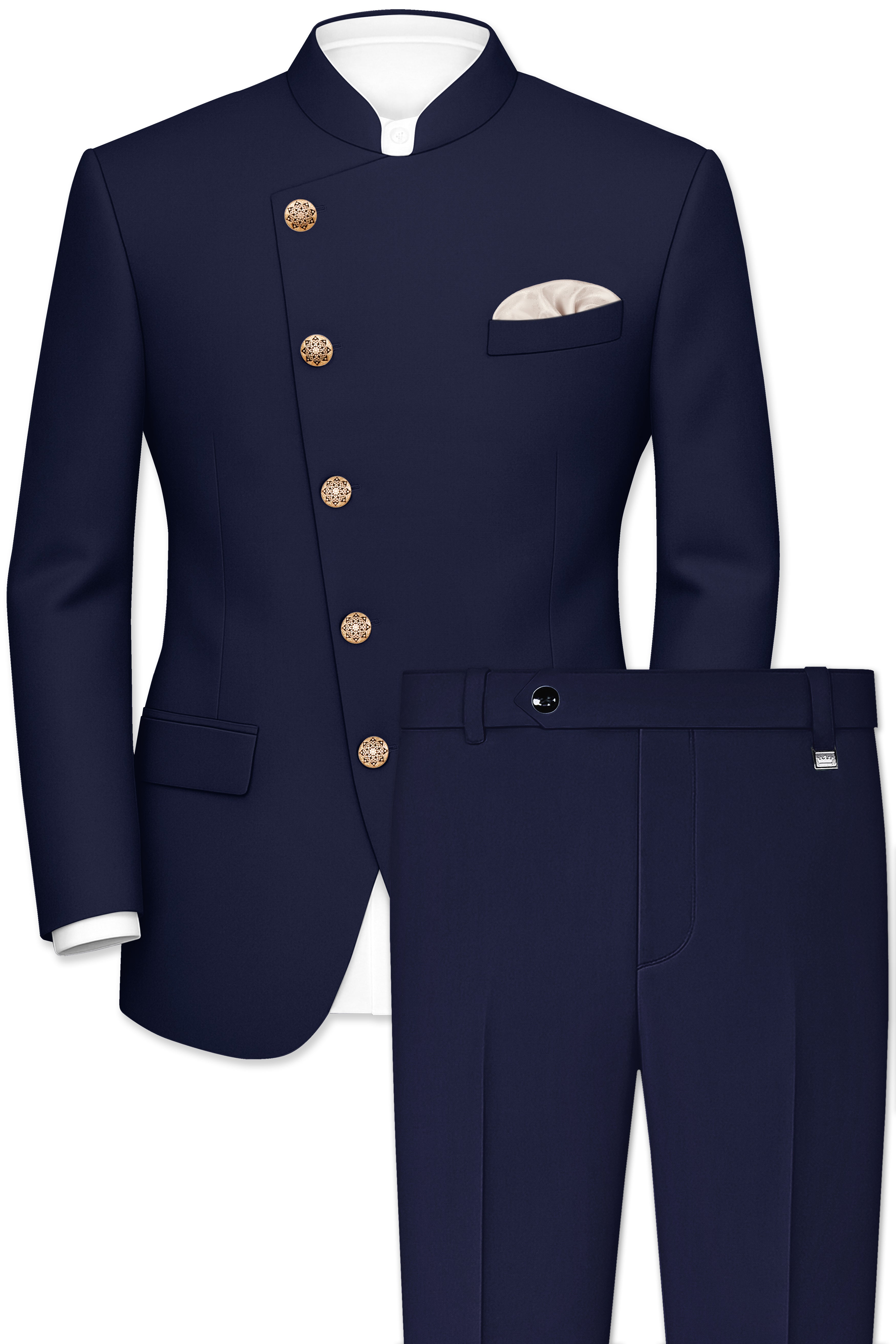 Azurion-Royal Blue Wool Rich Cross Placket Bandhgala Suit