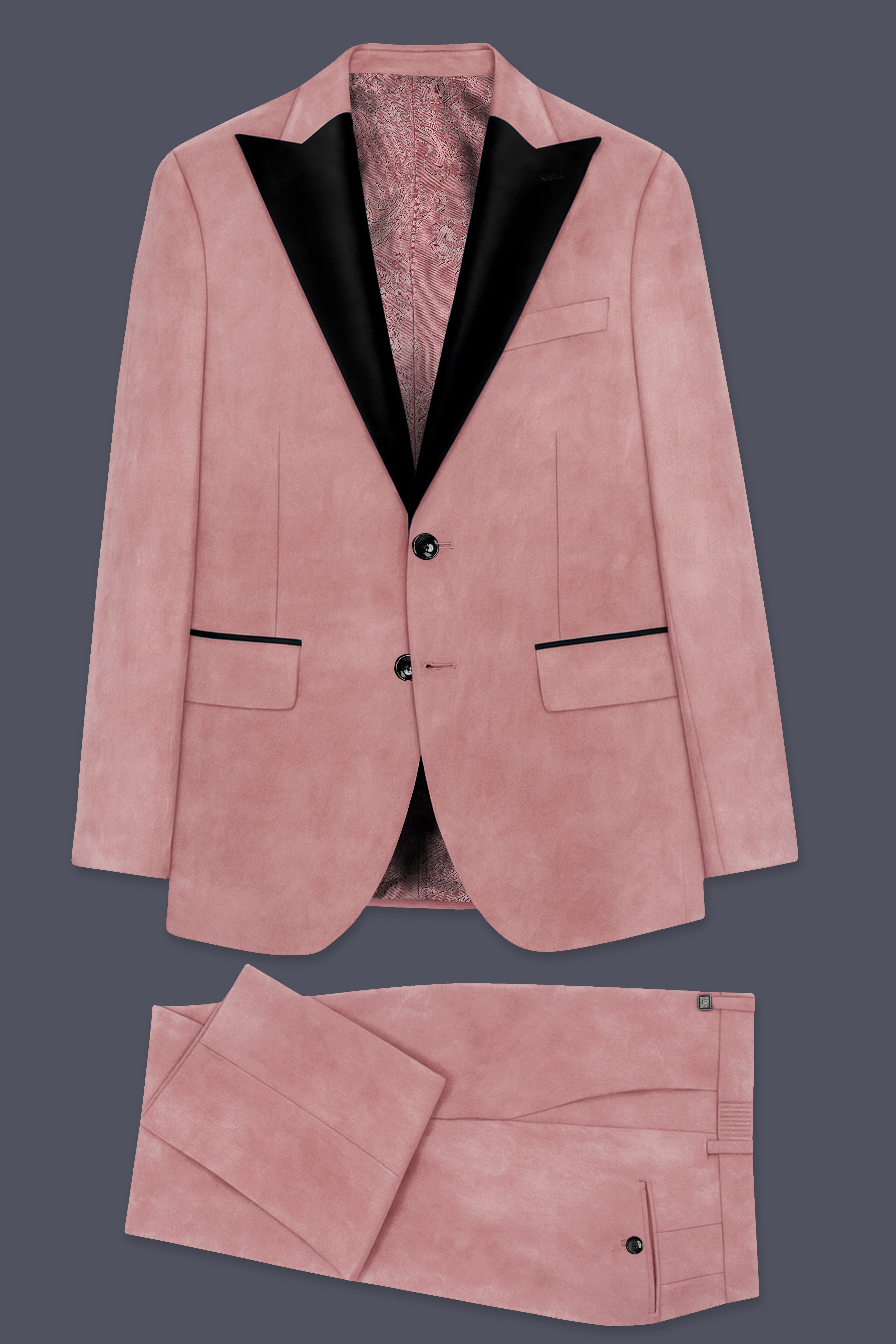 Rosivell-Oriental Peach Velvet Peak Lapel Tuxedo Suit