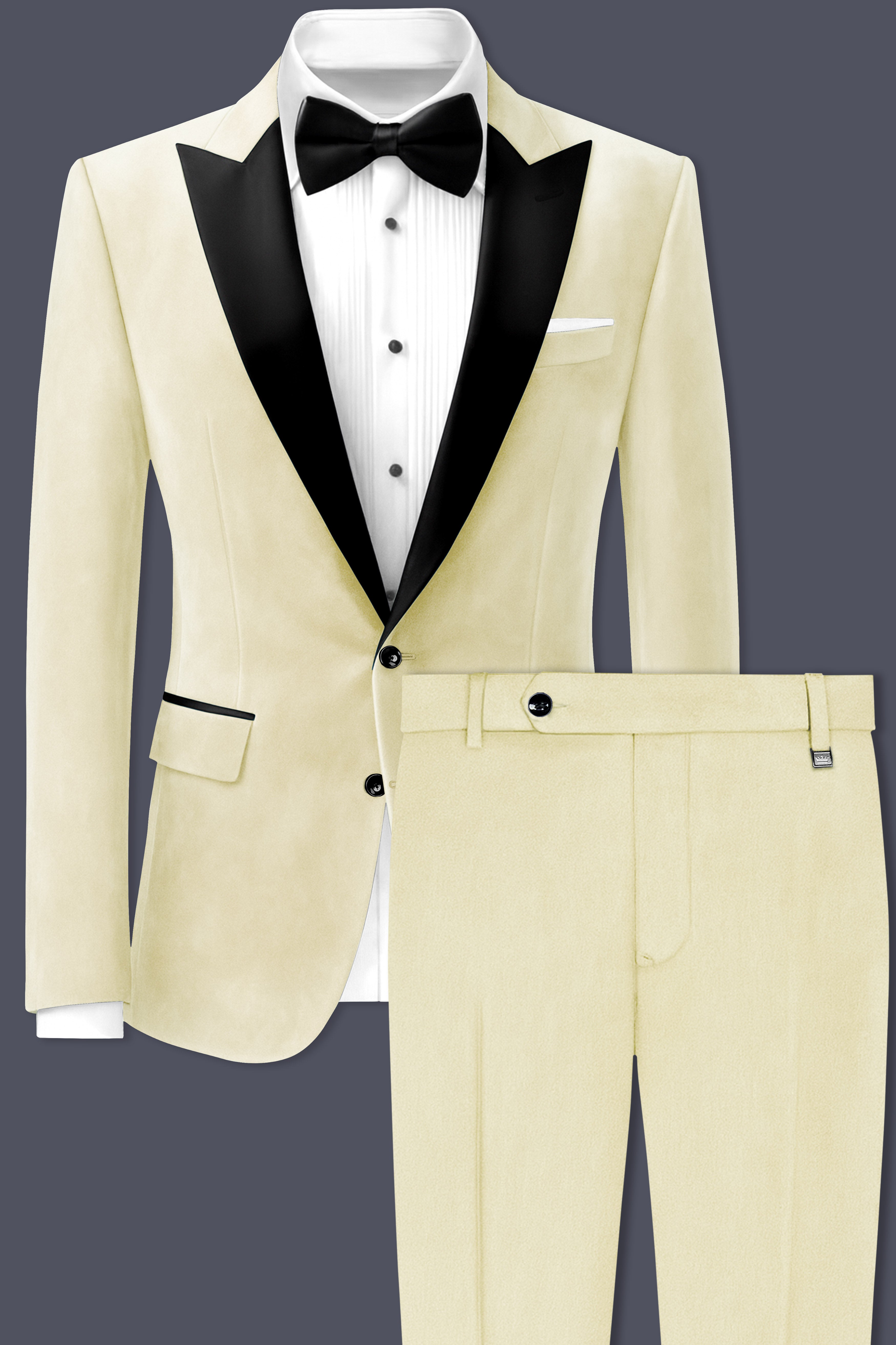 Cremivell-Almond Cream Textured Velvet Peak Lapel Tuxedo Suit