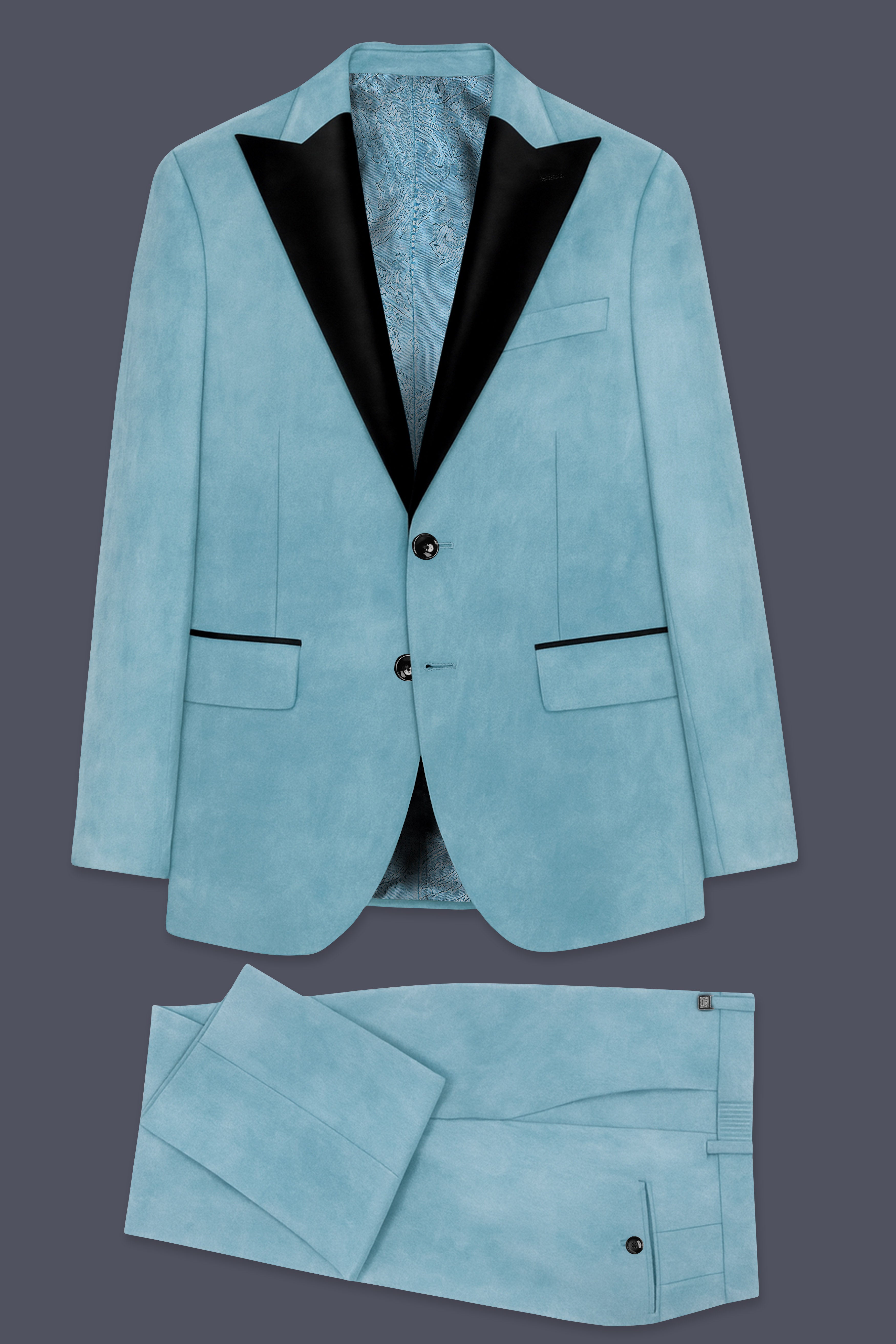 Ocevel-Naptune Blue Velvet Peak Lapel Tuxedo Suit