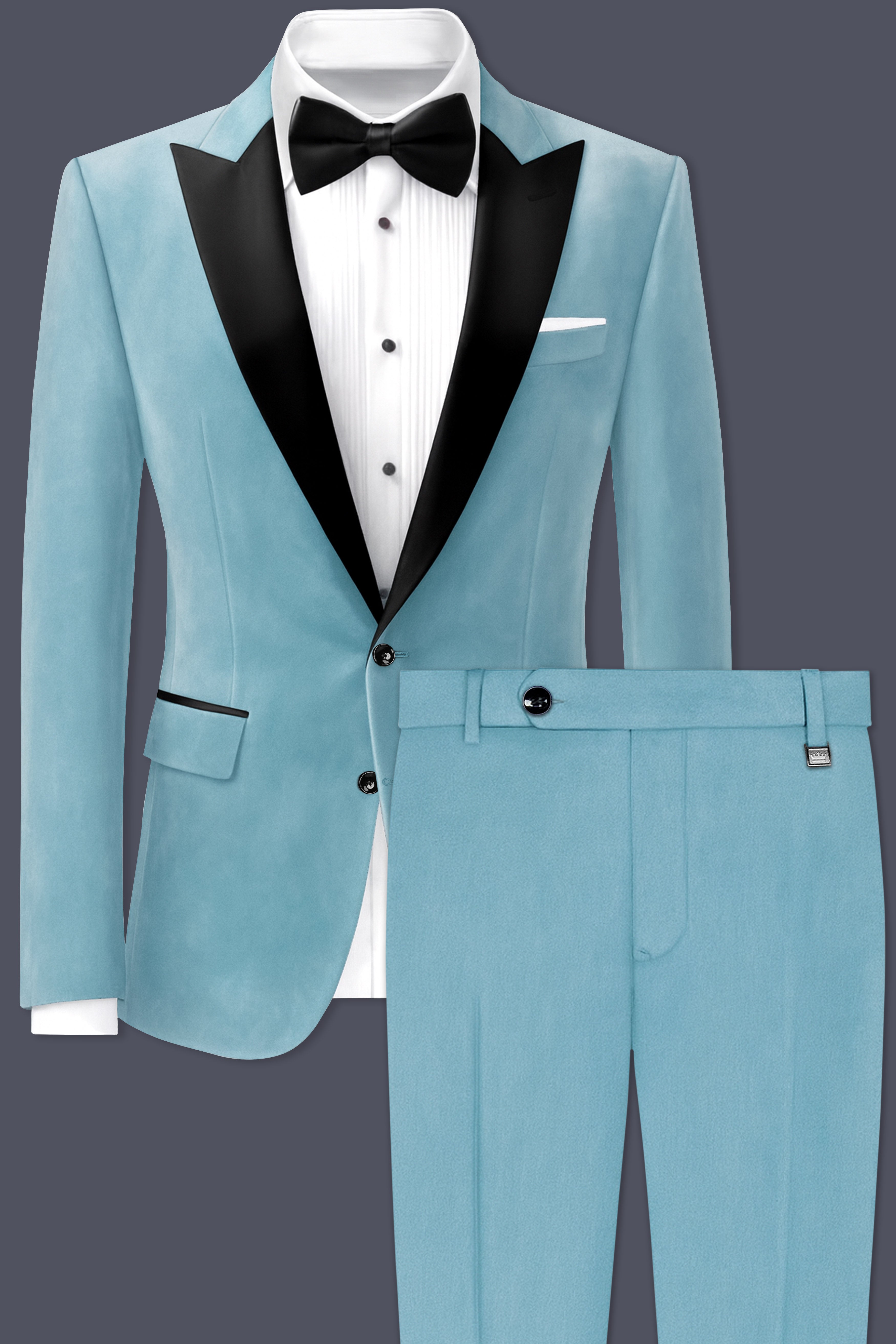 Ocevel-Naptune Blue Textured Velvet Peak Lapel Tuxedo Suit