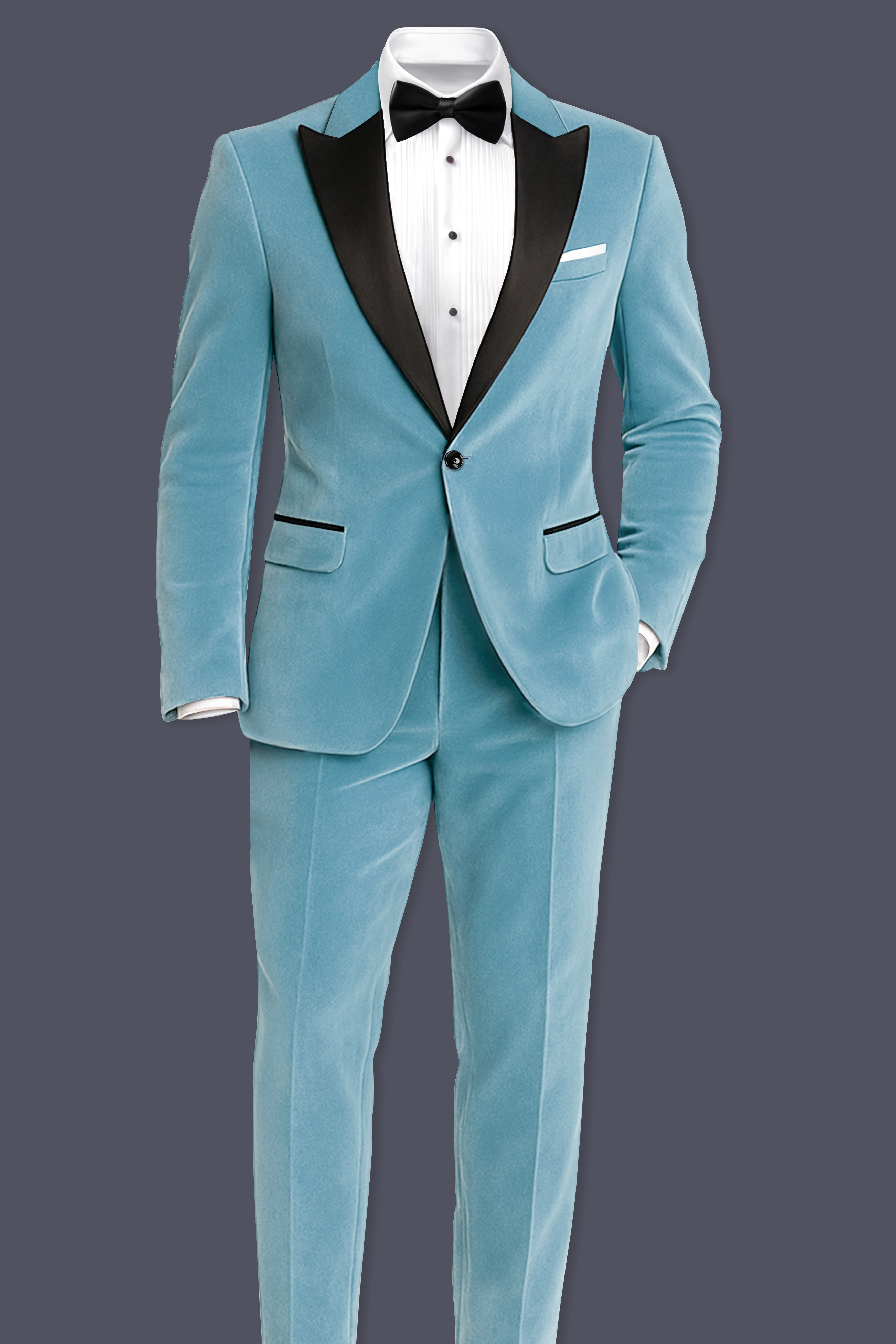 Ocevel-Naptune Blue Velvet Peak Lapel Tuxedo Suit