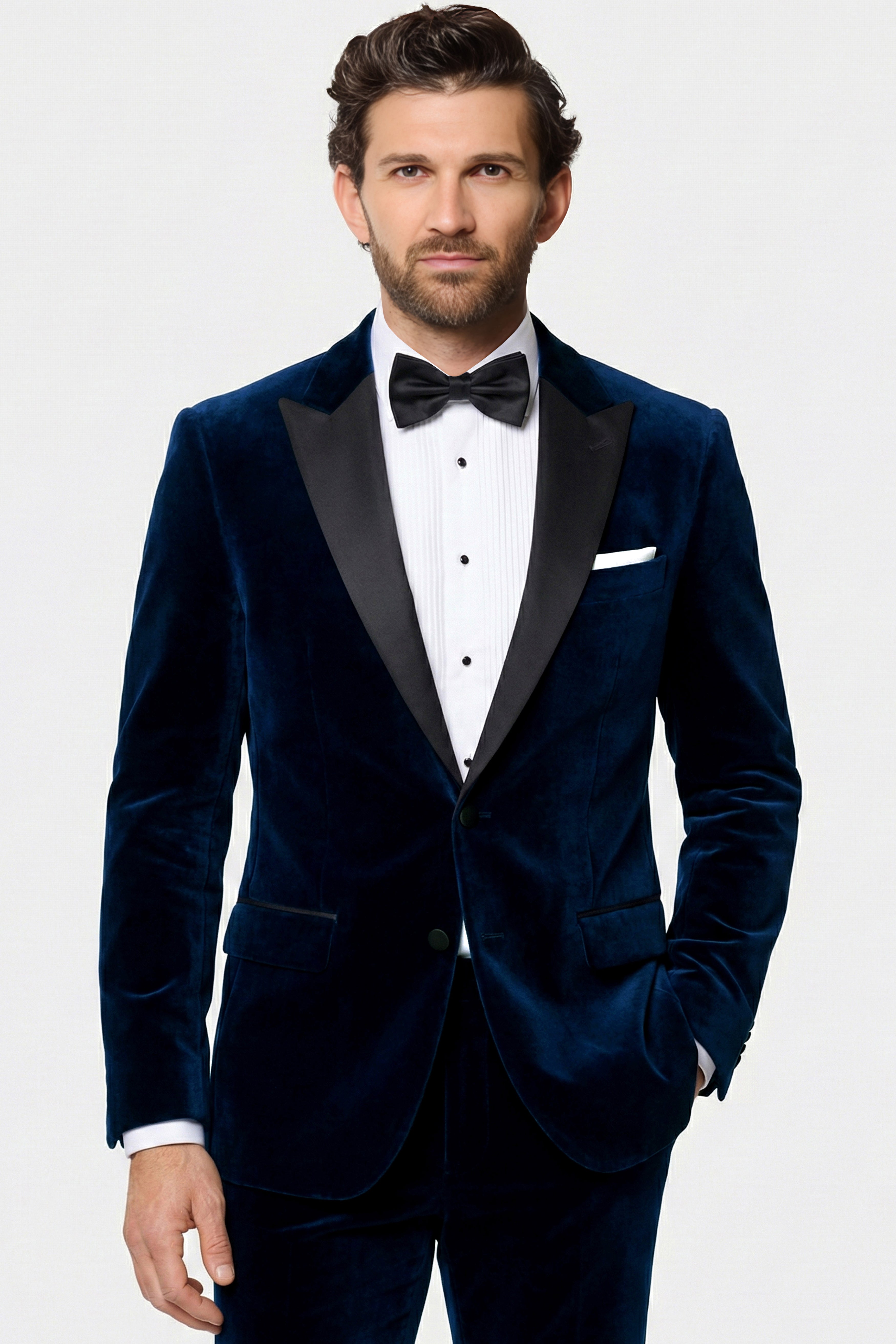 Noctivell-Cinder Blue Velvet Peak Lapel Tuxedo Suit