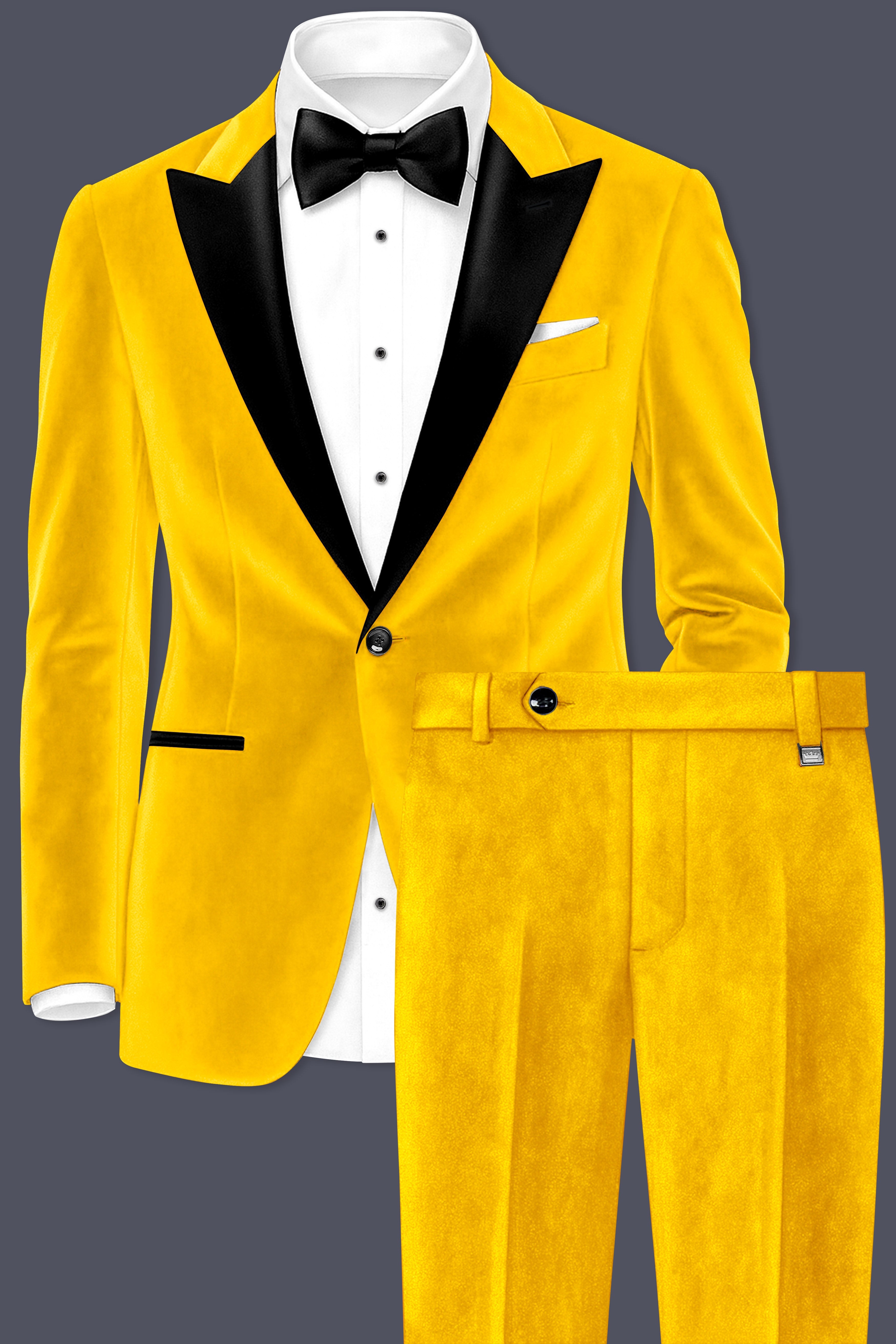 Safvell-Mustard Yellow Velvet Peak Lapel Tuxedo Suit